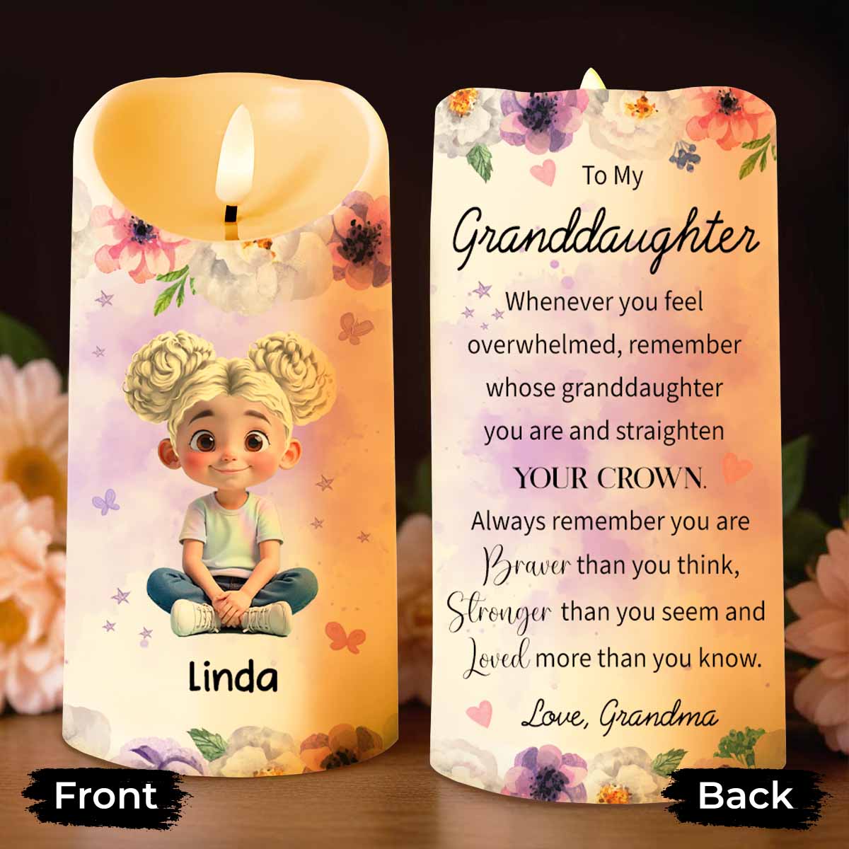 To My Granddaughter, Flowers And Crown Design - Personalized Custom LED Candle - GDT469_LECA