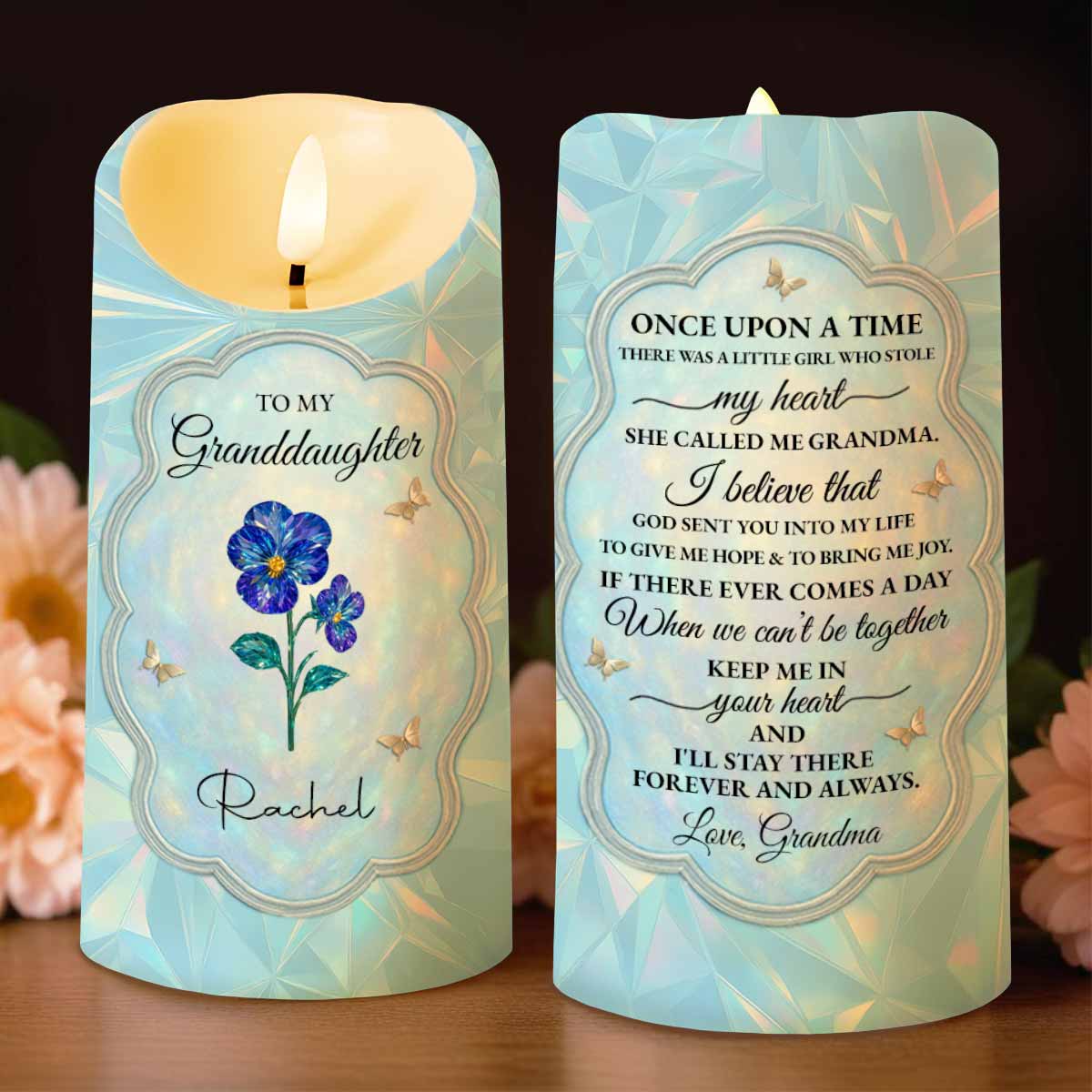 To My Granddaughter, Love From Grandma, Flowers And Butterfly - Personalized Custom LED Candle - GDT478_LECA