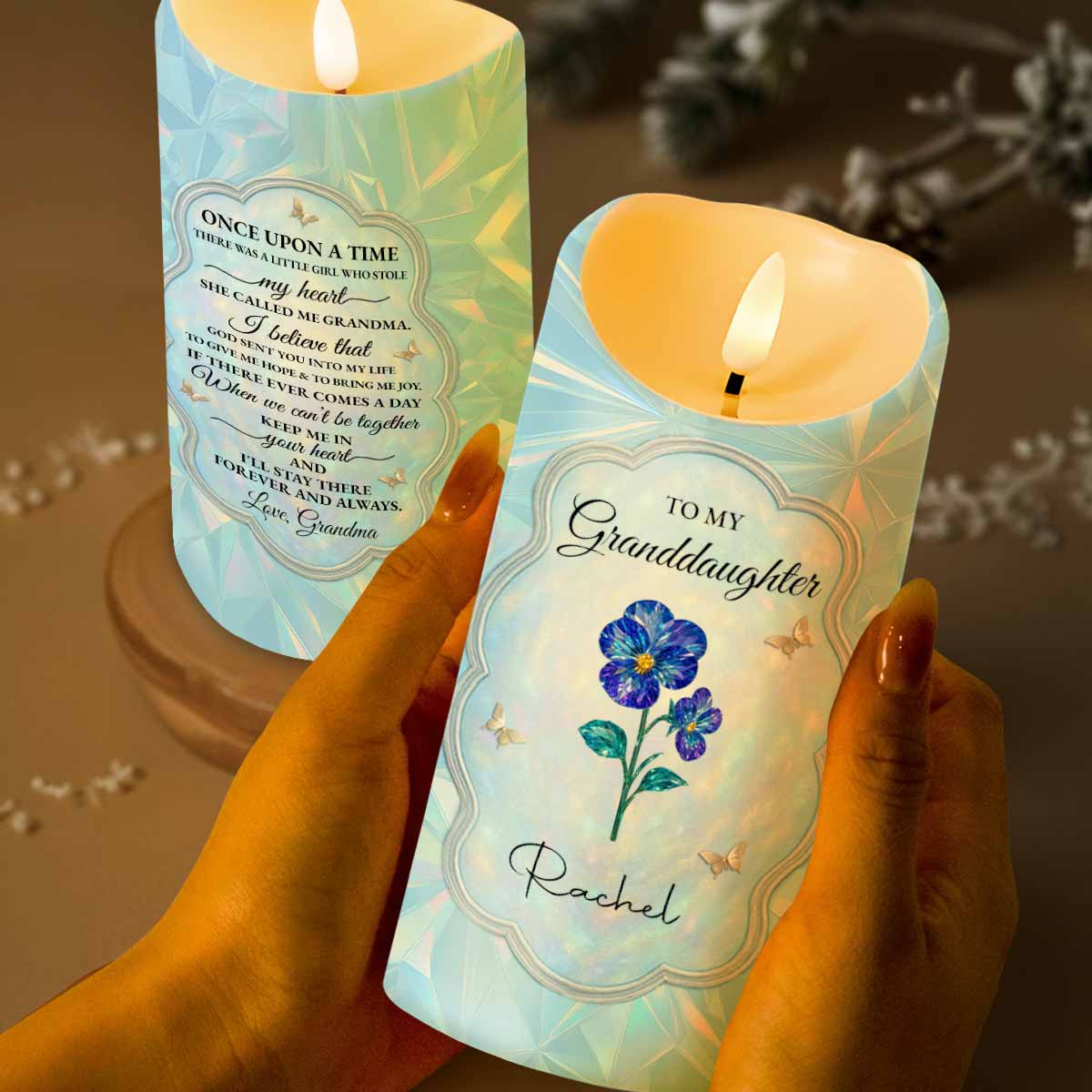 To My Granddaughter, Love From Grandma, Flowers And Butterfly - Personalized Custom LED Candle - GDT478_LECA