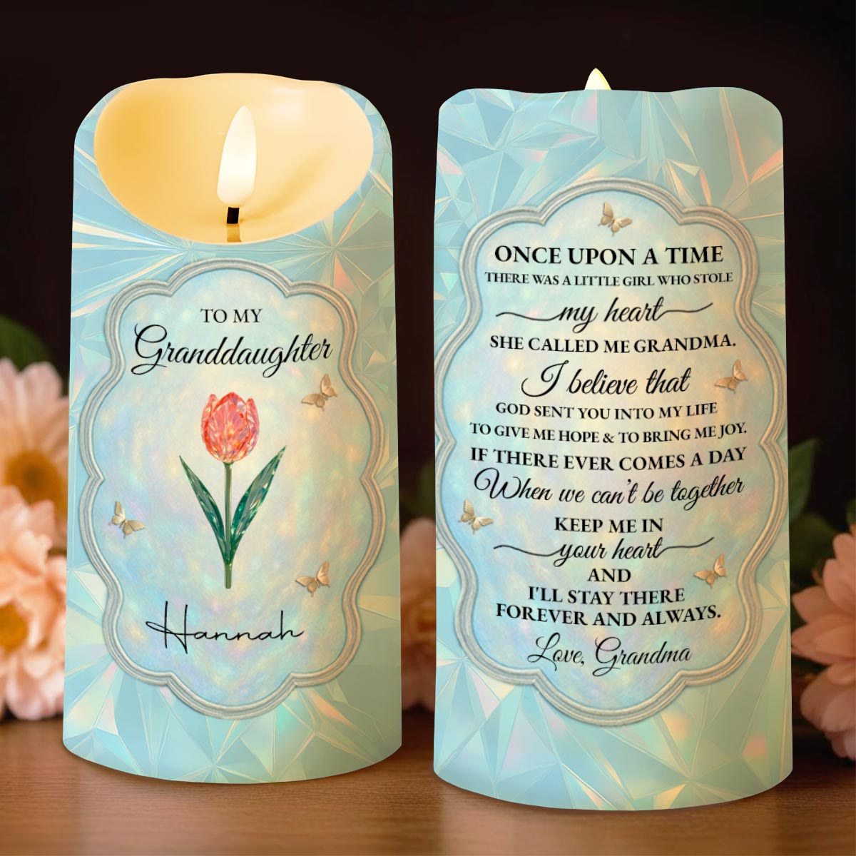 To My Granddaughter, Love From Grandma, Flowers And Butterfly - Personalized Custom LED Candle - GDT478_LECA