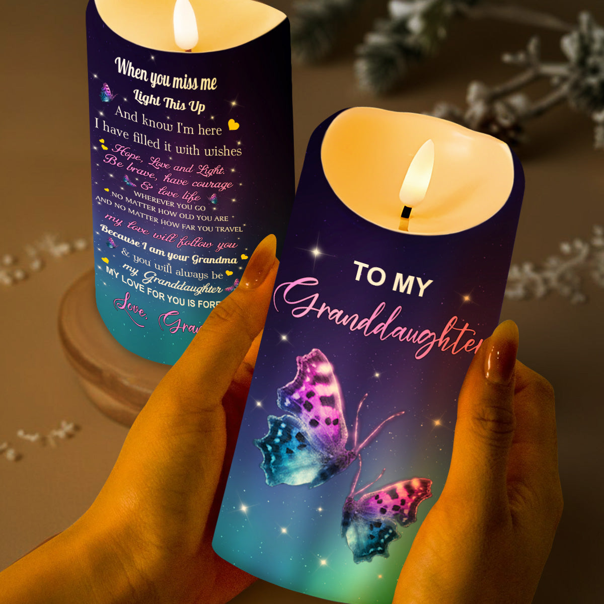 To My Granddaughter, LED Candle With Butterflies And Stars - Personalized Custom LED Candle - GDT479_LECA