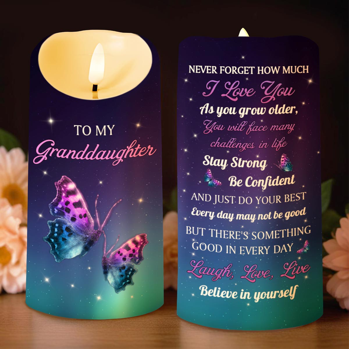 To My Granddaughter, Believe In Yourself With Butterflies - Personalized Custom LED Candle - GDT480_LECA
