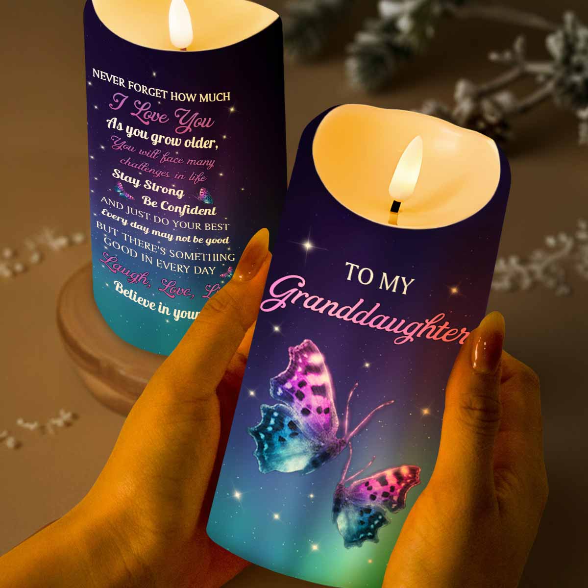 To My Granddaughter, Believe In Yourself With Butterflies - Personalized Custom LED Candle - GDT480_LECA