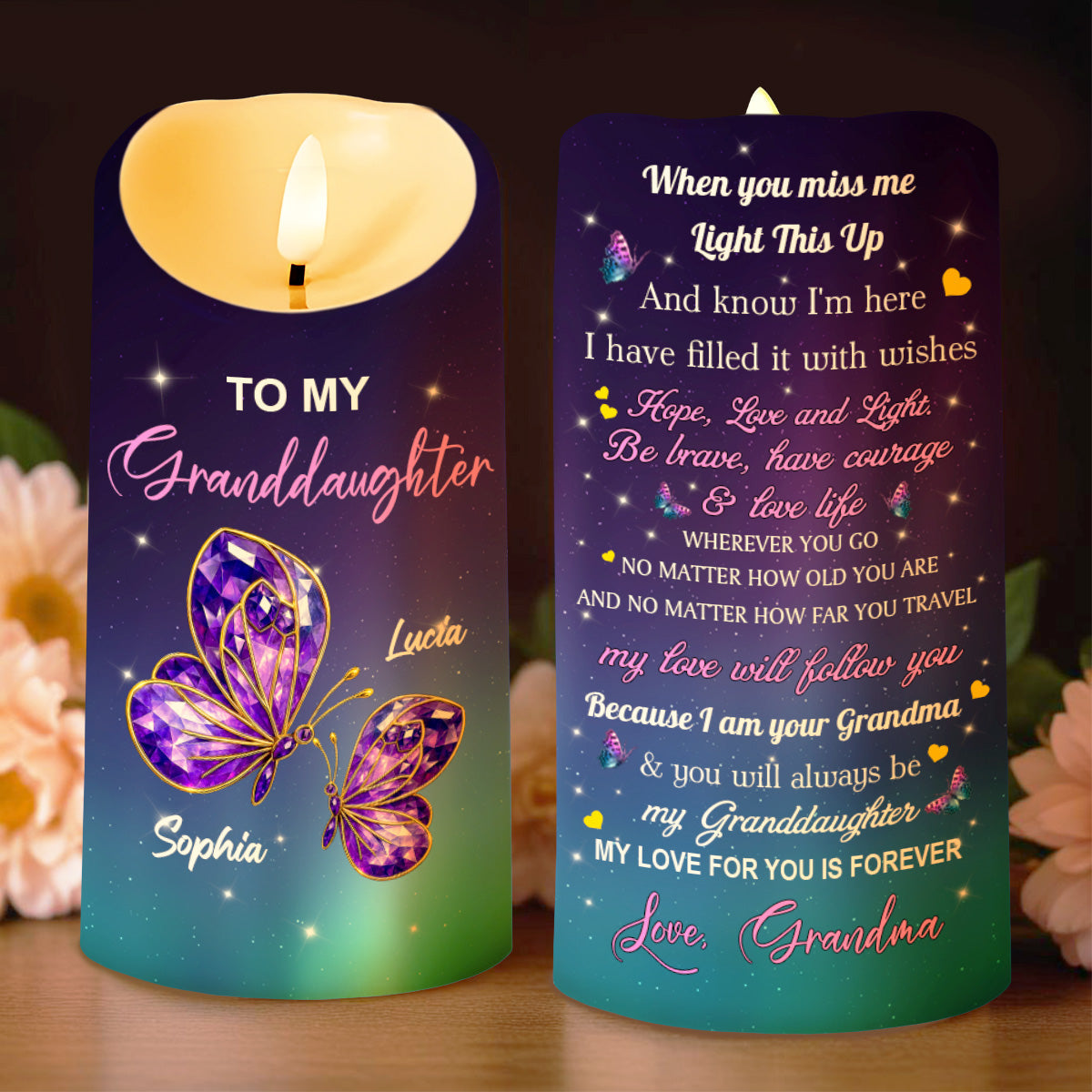 To My Granddaughter, Butterflies And Stars - Personalized Custom LED Candle - GDT484_LECA