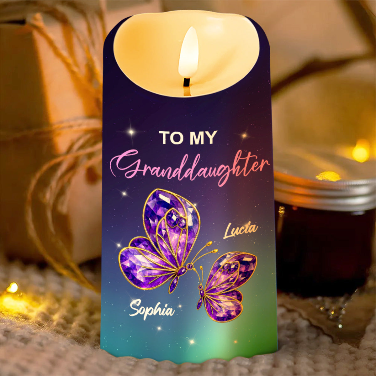 To My Granddaughter, Butterflies And Stars - Personalized Custom LED Candle - GDT484_LECA