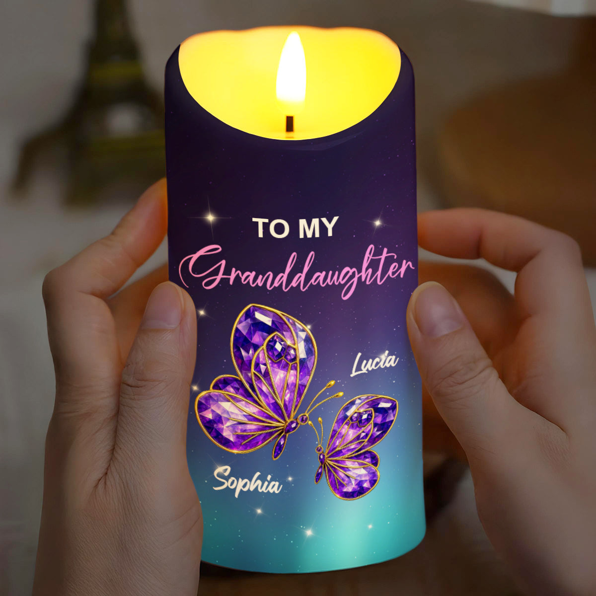 To My Granddaughter, Butterflies And Stars - Personalized Custom LED Candle - GDT484_LECA