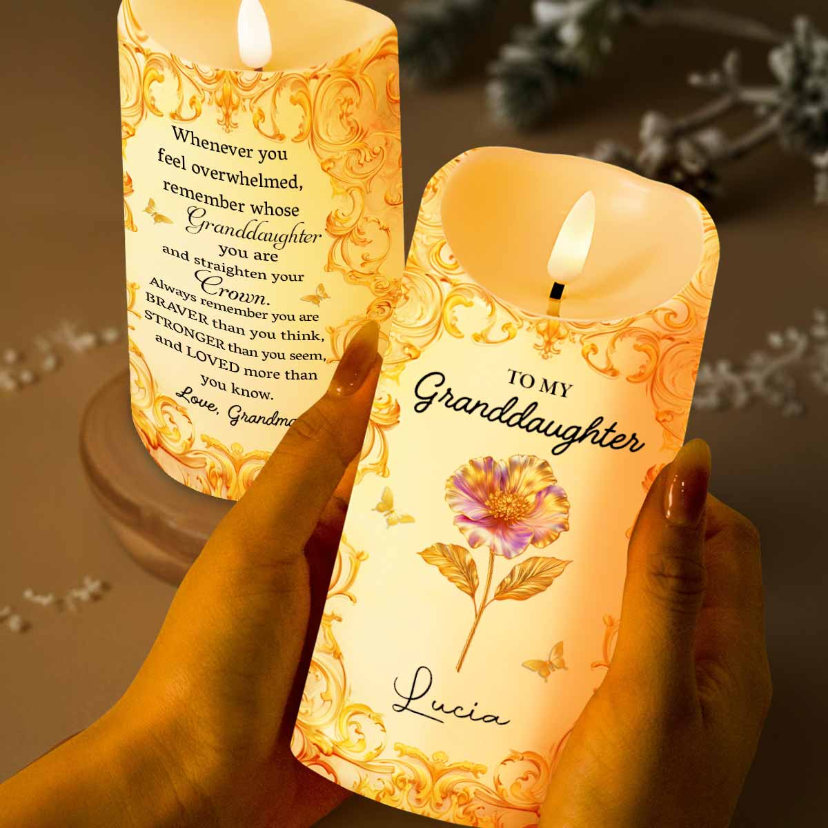 To My Granddaughter, Straighten Your Crown With Flowers - Personalized Custom LED Candle - GDT488_LECA