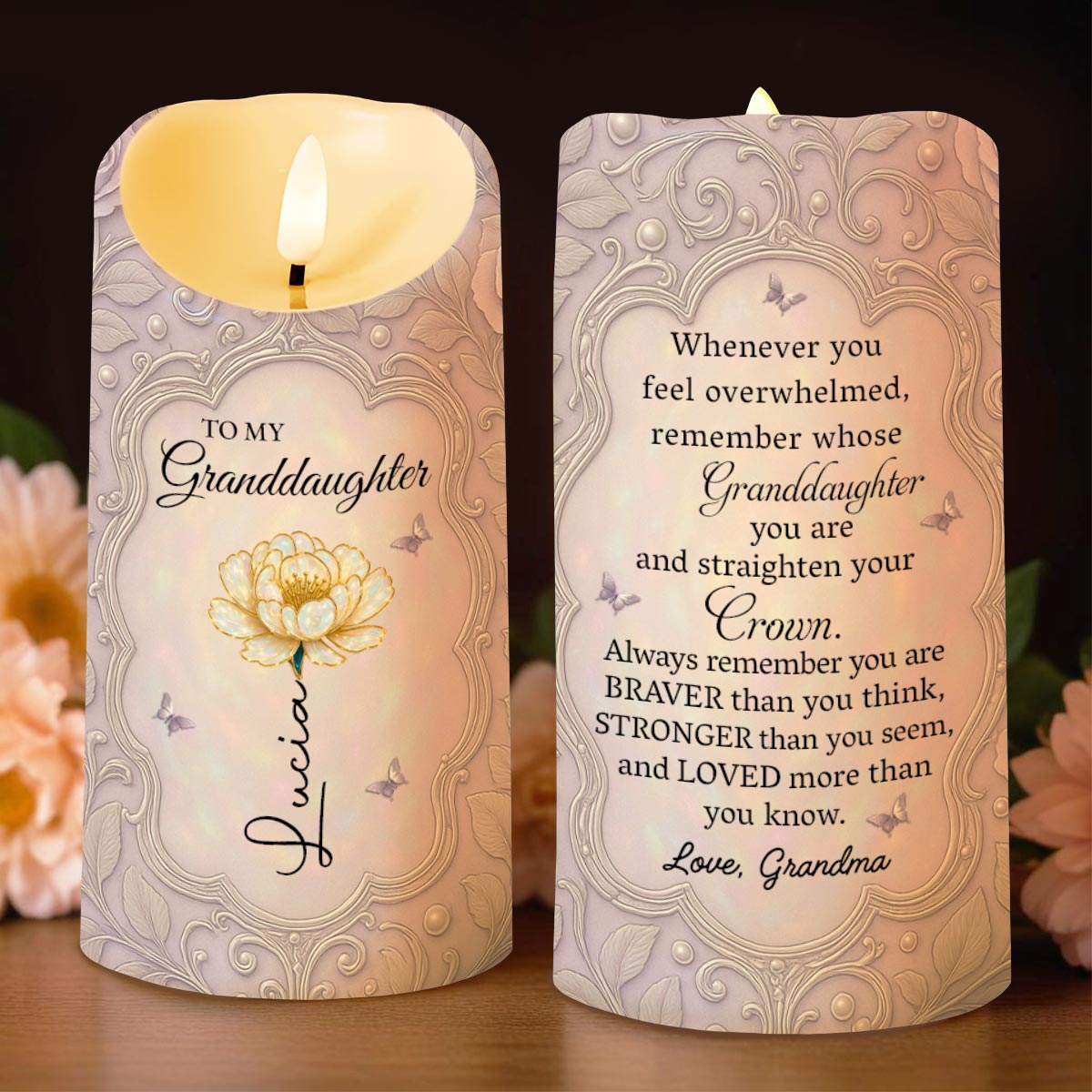 Whenever You Feel Overwhelmed, Remember Whose Granddaughter You Are - Personalized Custom LED Candle - GDT489_LECA