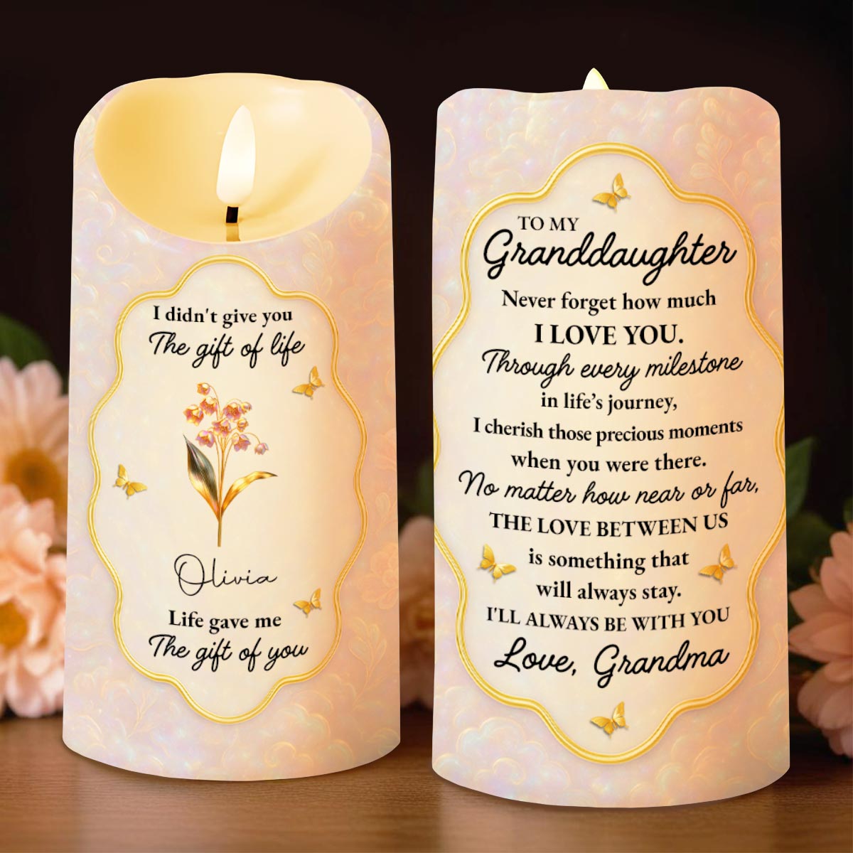 To My Granddaughter, Love That Will Always Stay, Flowers and Butterflies - Personalized Custom LED Candle - GDT490_LECA