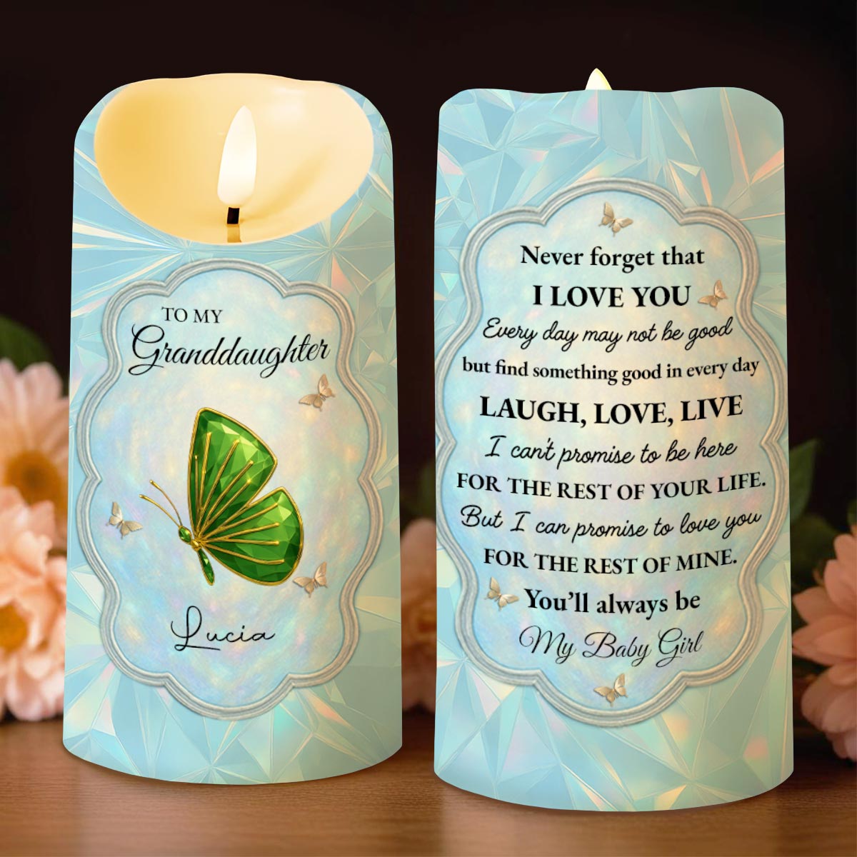 Never Forget That I Love You, Butterfly And Flowers - Personalized Custom LED Candle - GDT492_LECA
