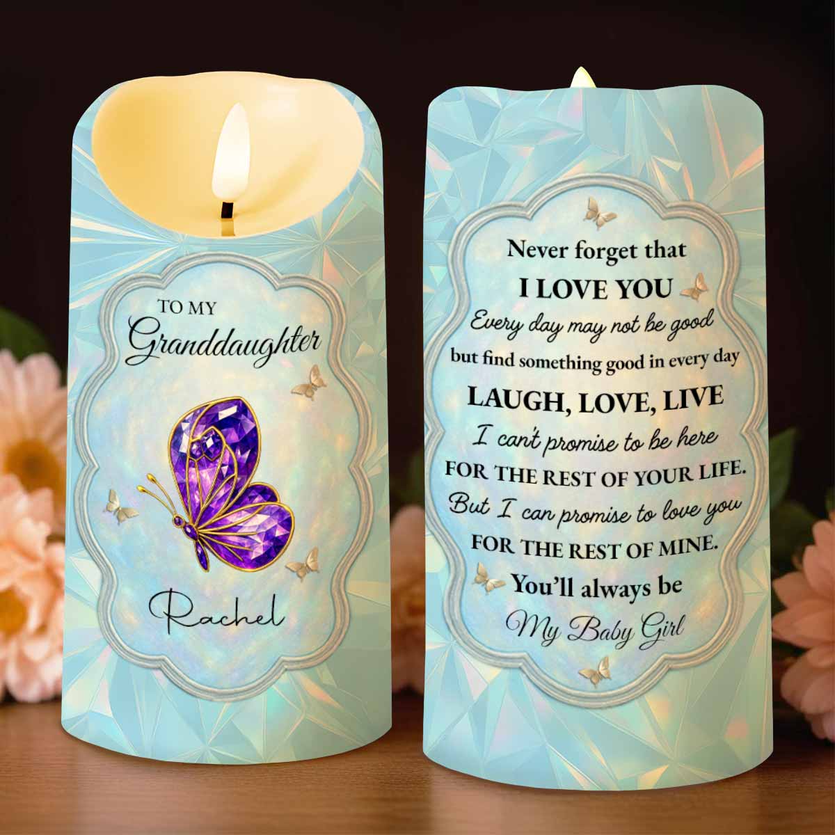 Never Forget That I Love You, Butterfly And Flowers - Personalized Custom LED Candle - GDT492_LECA