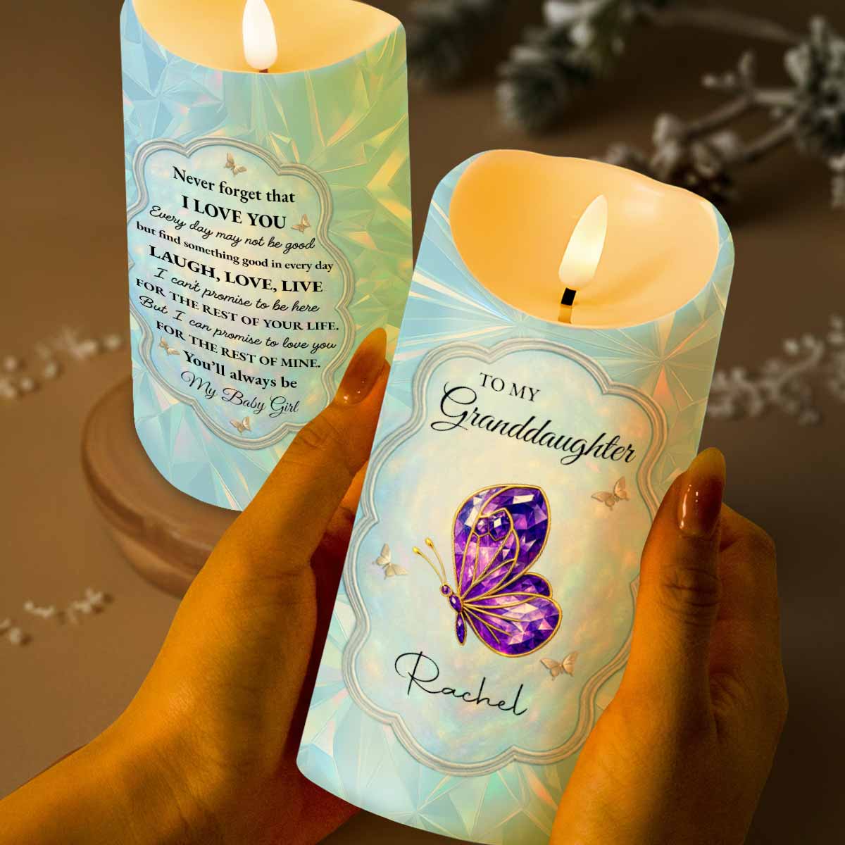 Never Forget That I Love You, Butterfly And Flowers - Personalized Custom LED Candle - GDT492_LECA