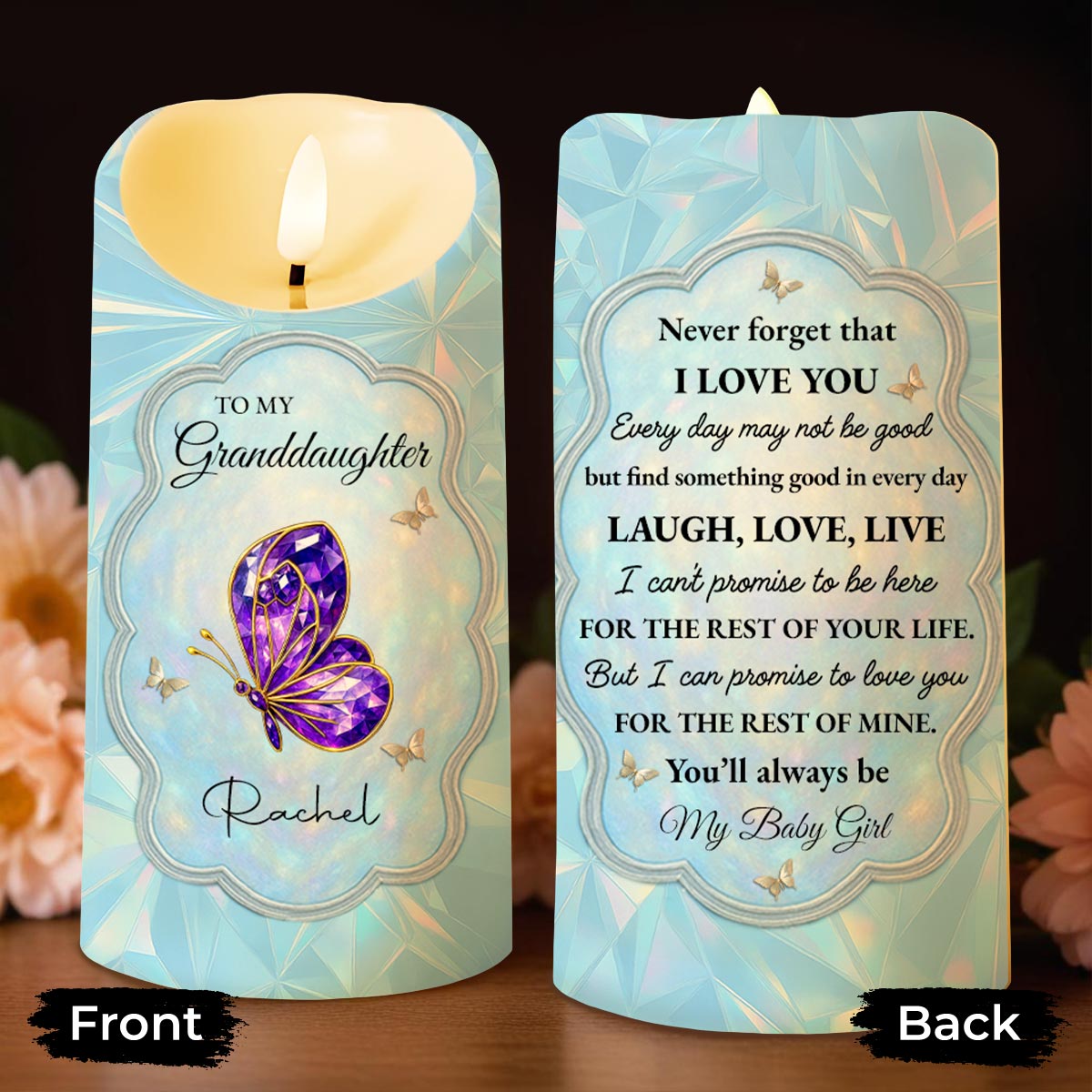 Never Forget That I Love You, Butterfly And Flowers - Personalized Custom LED Candle - GDT492_LECA