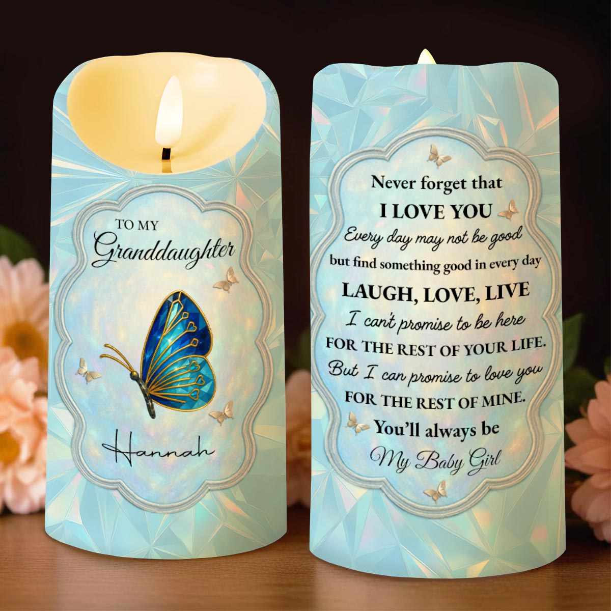 Never Forget That I Love You, Butterfly And Flowers - Personalized Custom LED Candle - GDT492_LECA