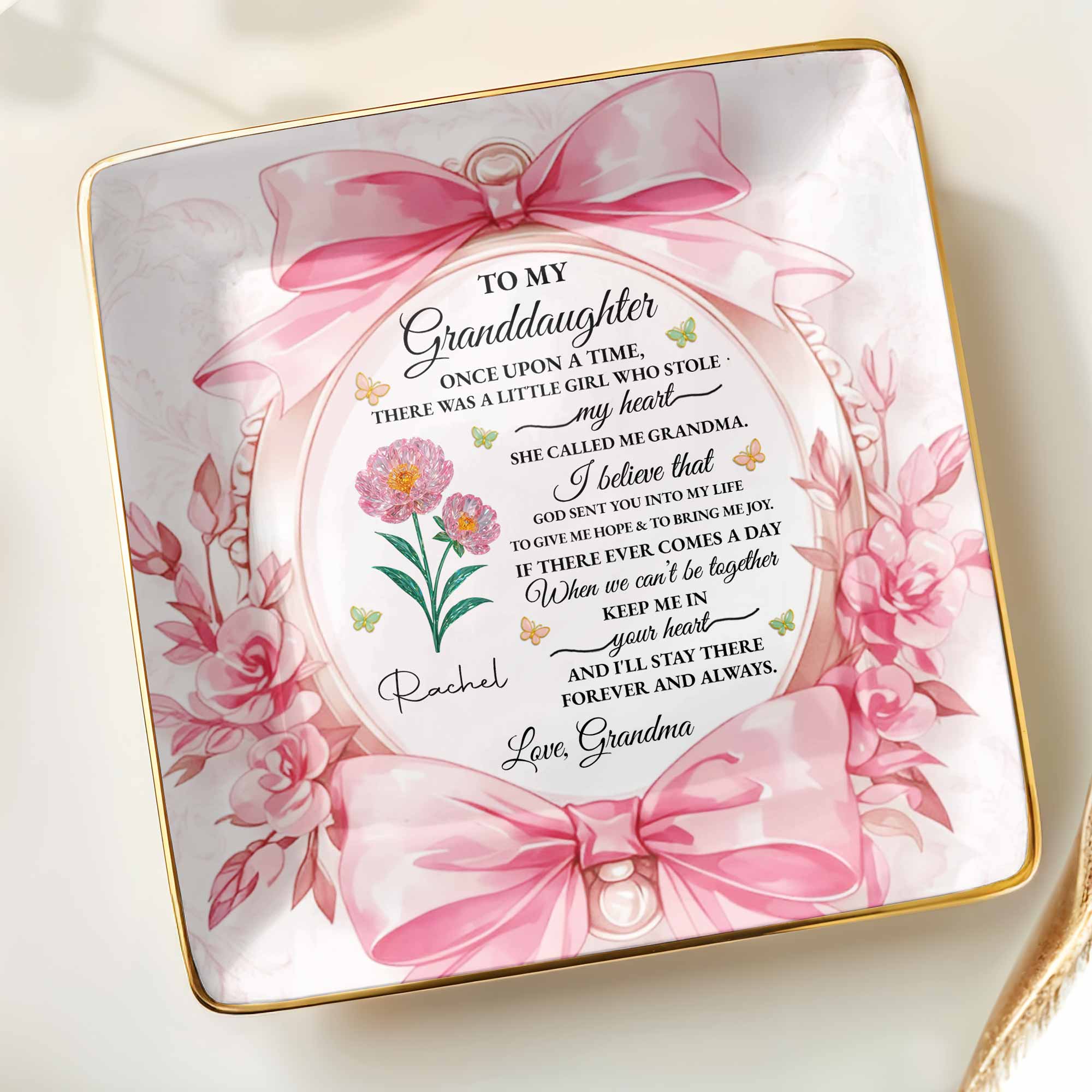 To My Granddaughter, Once Upon A Time With Ribbons And Flowers - Personalized Custom Jewelry Dish, Ceramic Dish, Square Shape - GDT493_SCRF