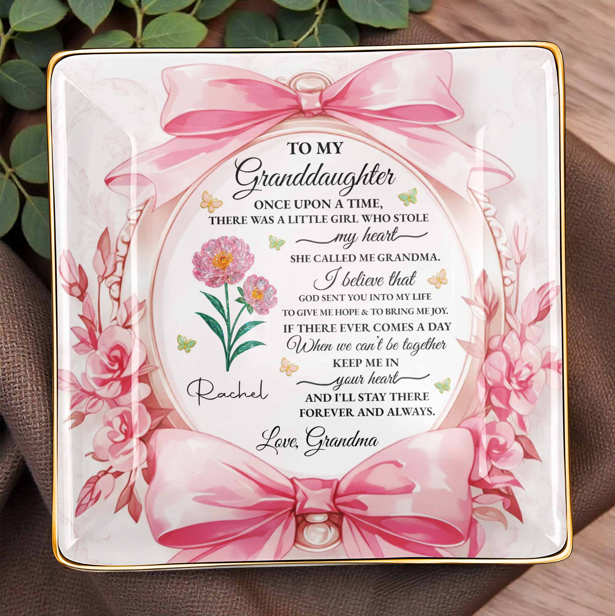 To My Granddaughter, Once Upon A Time With Ribbons And Flowers - Personalized Custom Jewelry Dish, Ceramic Dish, Square Shape - GDT493_SCRF