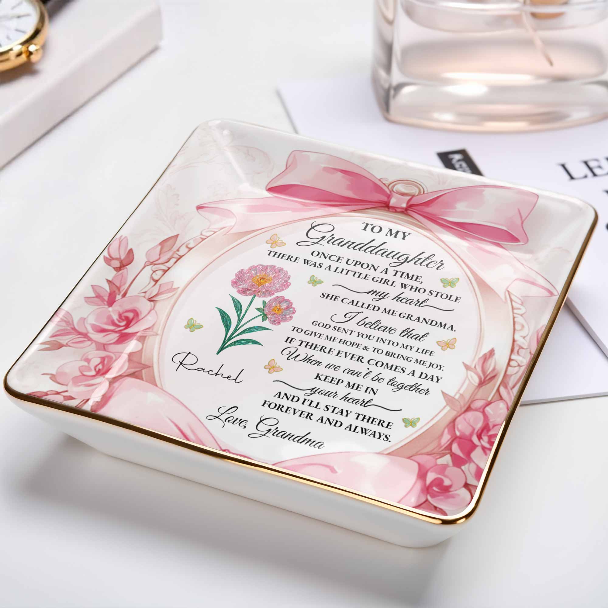 To My Granddaughter, Once Upon A Time With Ribbons And Flowers - Personalized Custom Jewelry Dish, Ceramic Dish, Square Shape - GDT493_SCRF