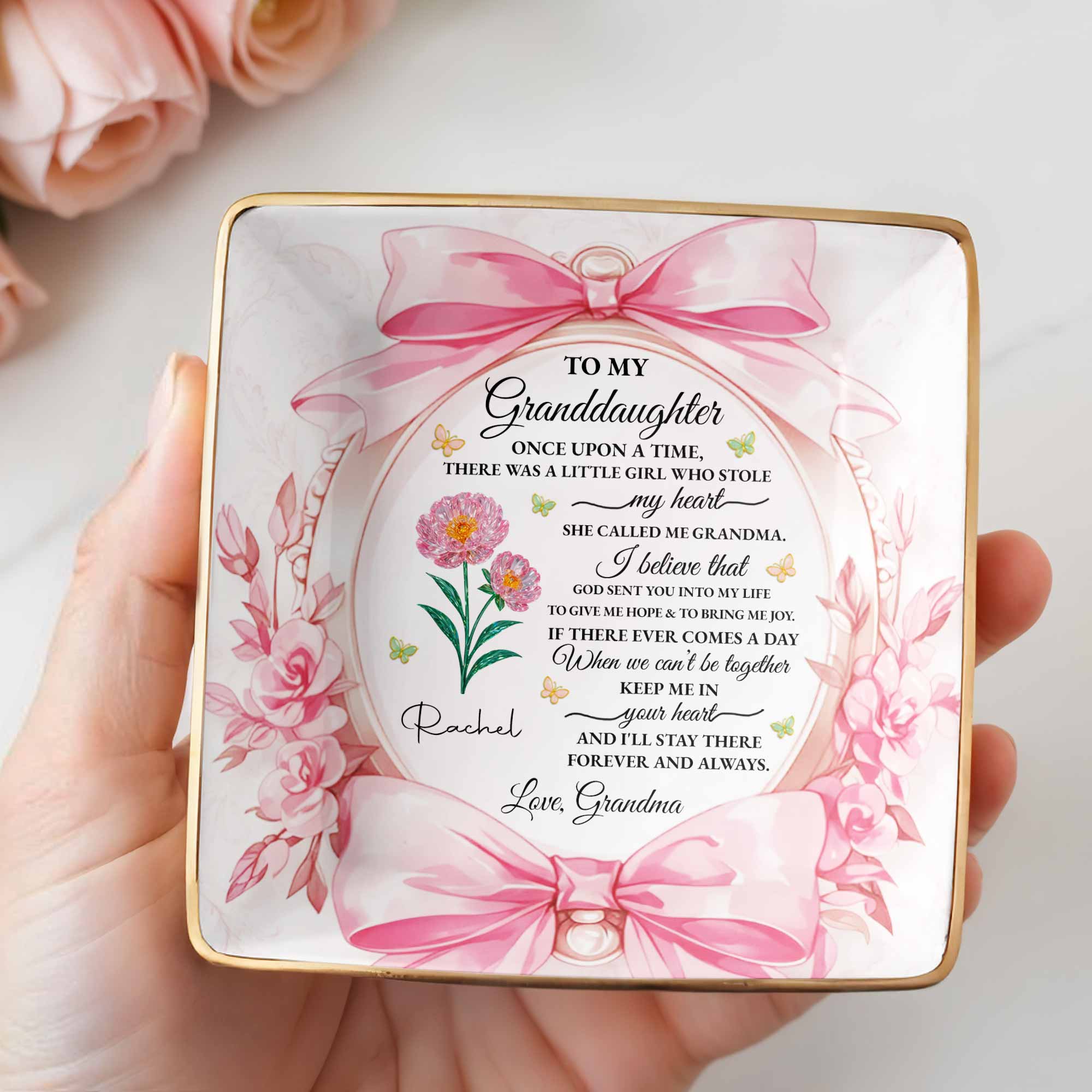 To My Granddaughter, Once Upon A Time With Ribbons And Flowers - Personalized Custom Jewelry Dish, Ceramic Dish, Square Shape - GDT493_SCRF