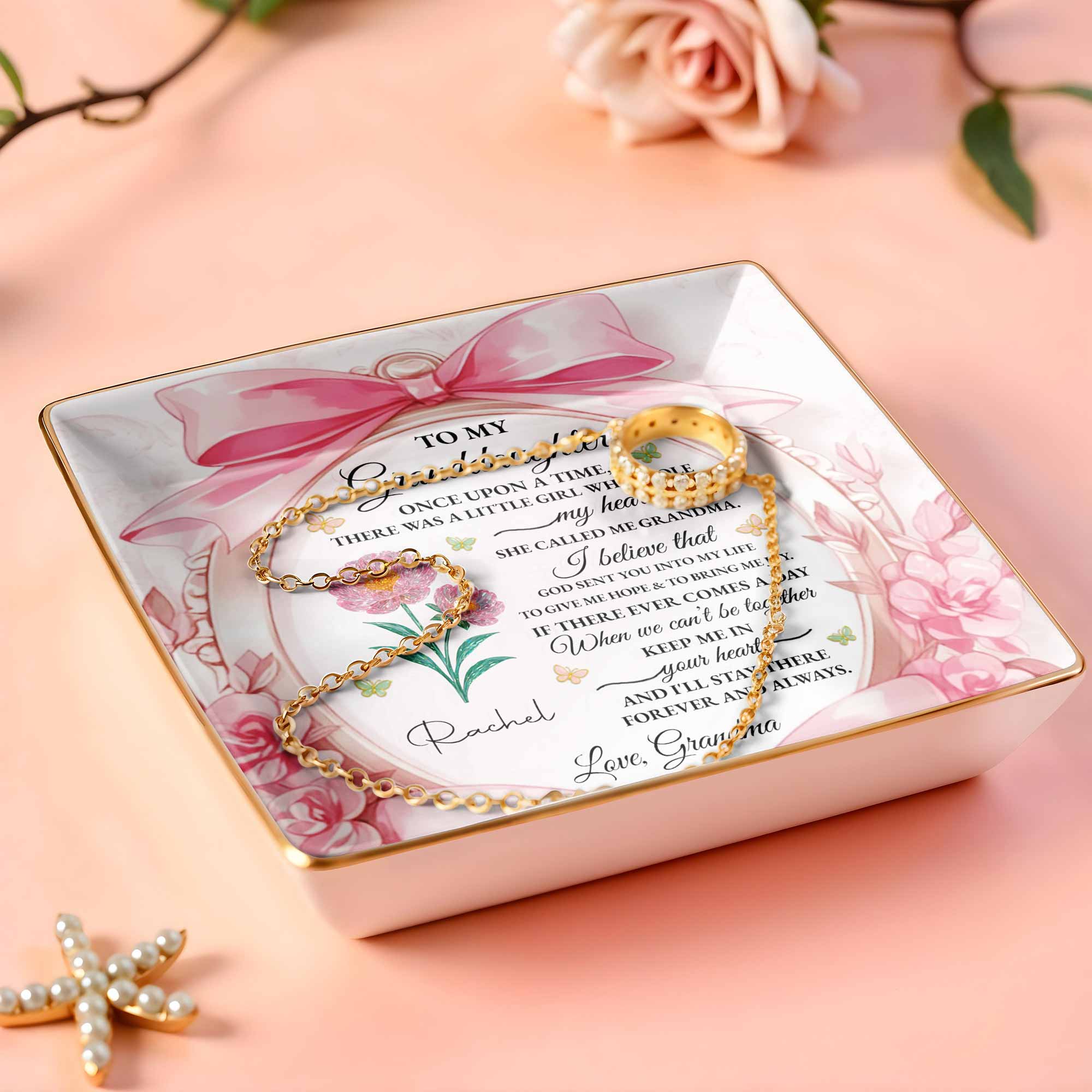 To My Granddaughter, Once Upon A Time With Ribbons And Flowers - Personalized Custom Jewelry Dish, Ceramic Dish, Square Shape - GDT493_SCRF