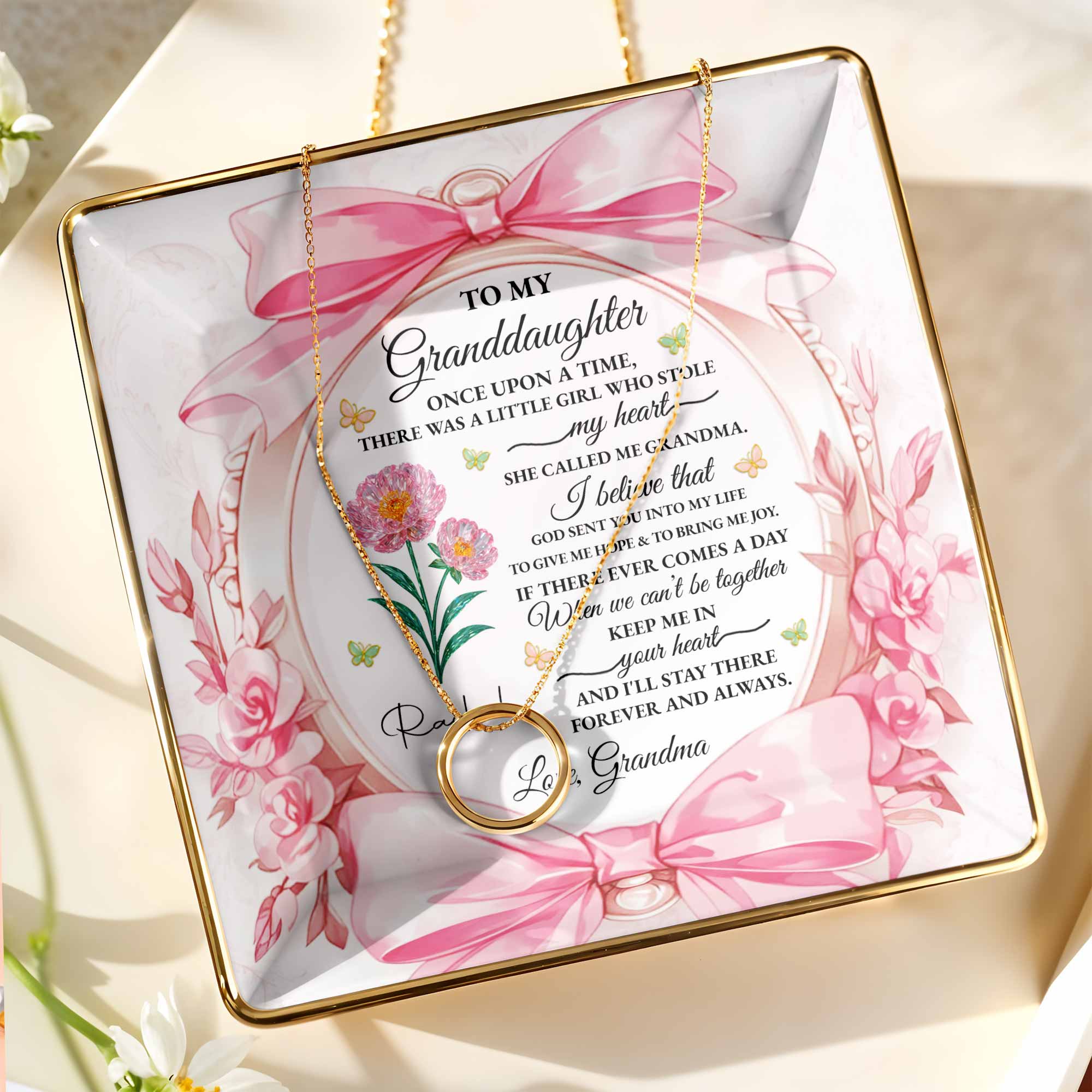 To My Granddaughter, Once Upon A Time With Ribbons And Flowers - Personalized Custom Jewelry Dish, Ceramic Dish, Square Shape - GDT493_SCRF