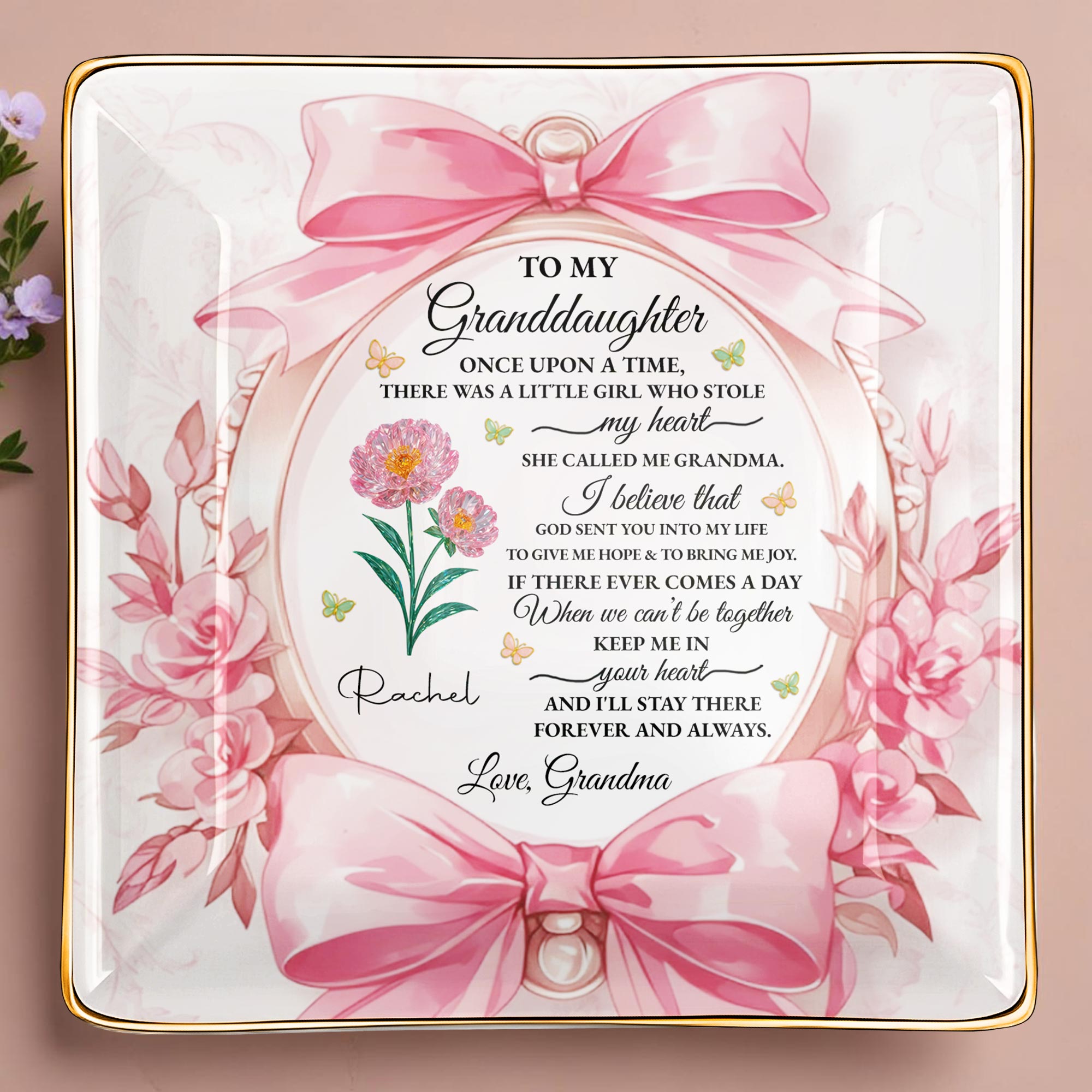 To My Granddaughter, Once Upon A Time With Ribbons And Flowers - Personalized Custom Jewelry Dish, Ceramic Dish, Square Shape - GDT493_SCRF