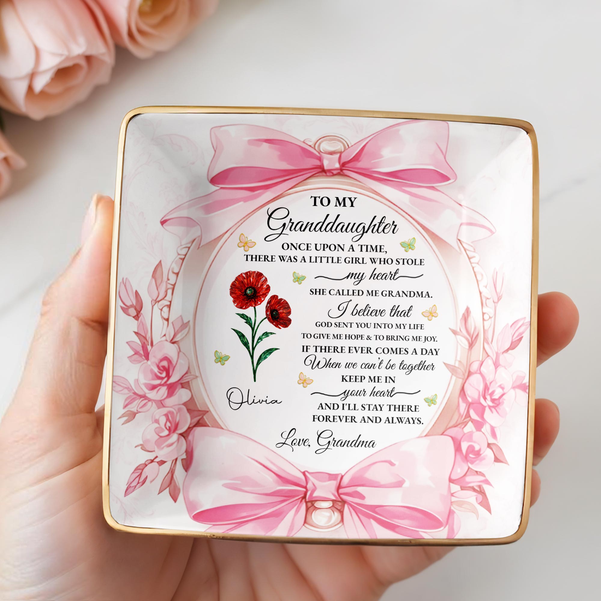 To My Granddaughter, Once Upon A Time With Ribbons And Flowers - Personalized Custom Jewelry Dish, Ceramic Dish, Square Shape - GDT493_SCRF