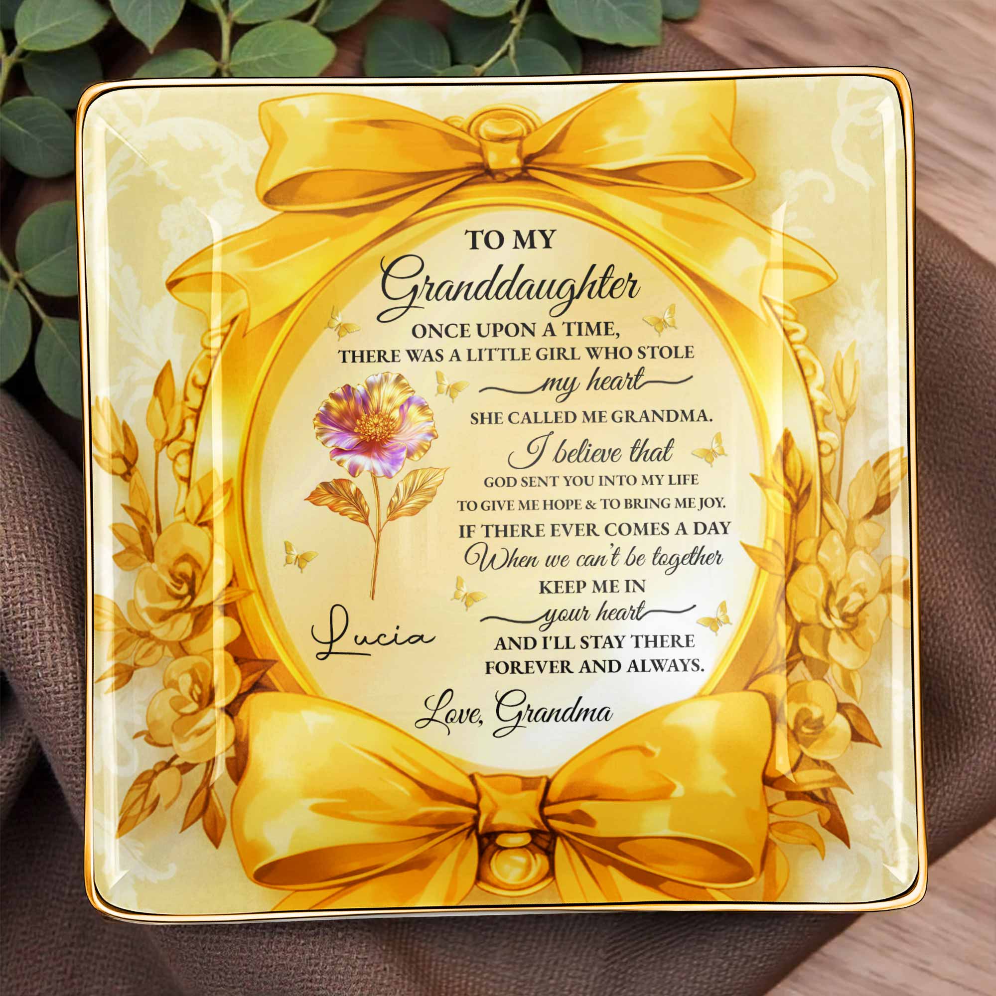 To My Granddaughter, Once Upon A Time, Ribbon and Flowers - Personalized Custom Jewelry Dish, Ceramic Dish, Square Shape - GDT494_SCRF