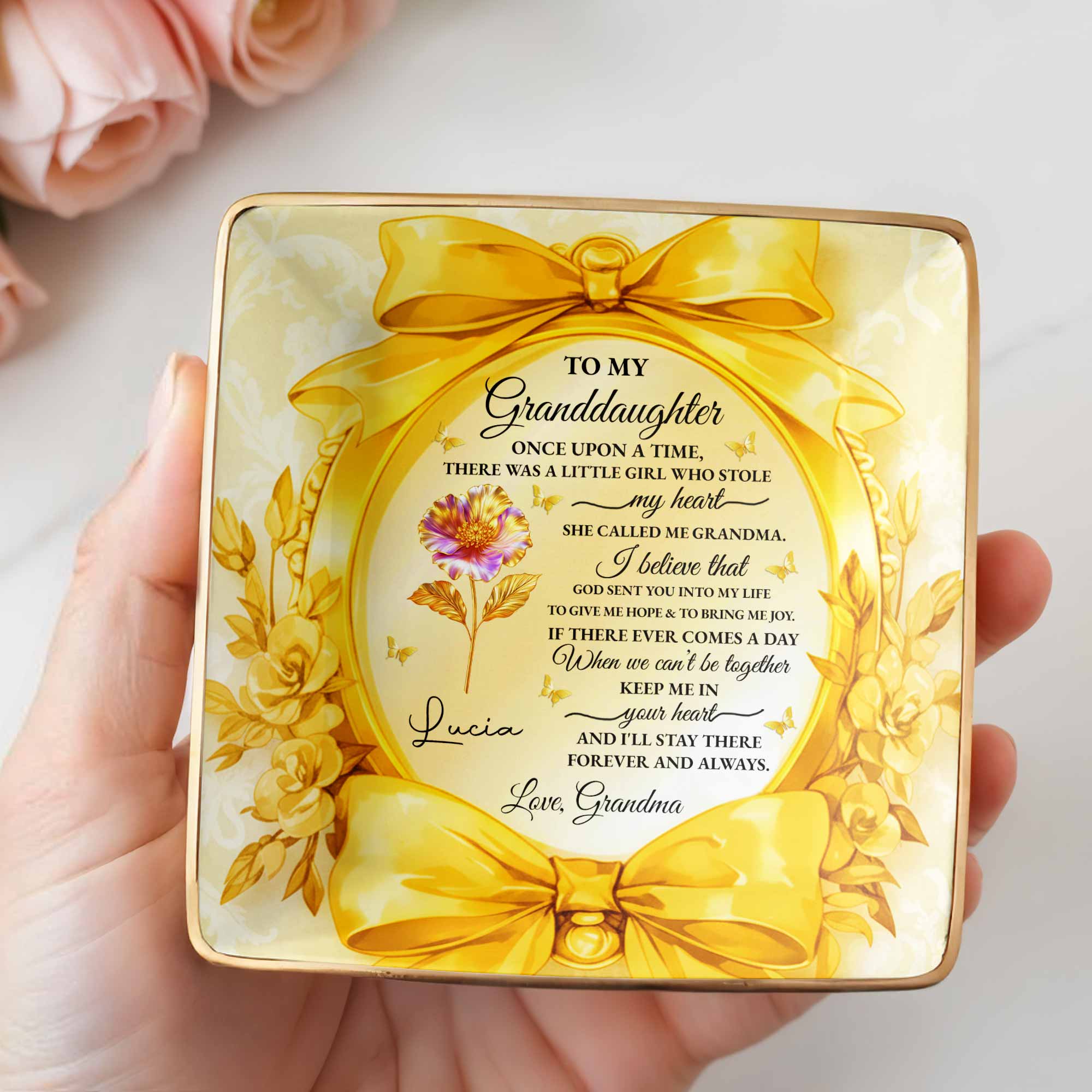 To My Granddaughter, Once Upon A Time, Ribbon and Flowers - Personalized Custom Jewelry Dish, Ceramic Dish, Square Shape - GDT494_SCRF