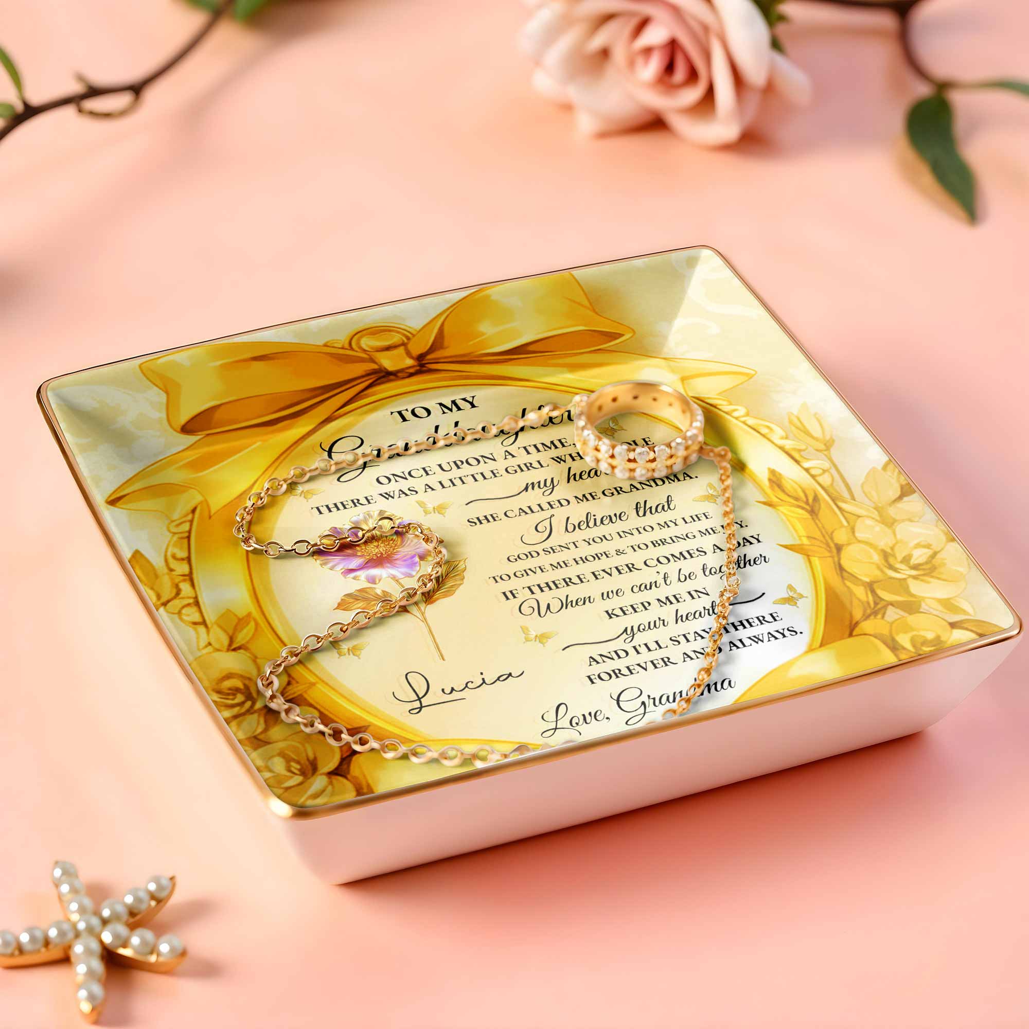 To My Granddaughter, Once Upon A Time, Ribbon and Flowers - Personalized Custom Jewelry Dish, Ceramic Dish, Square Shape - GDT494_SCRF