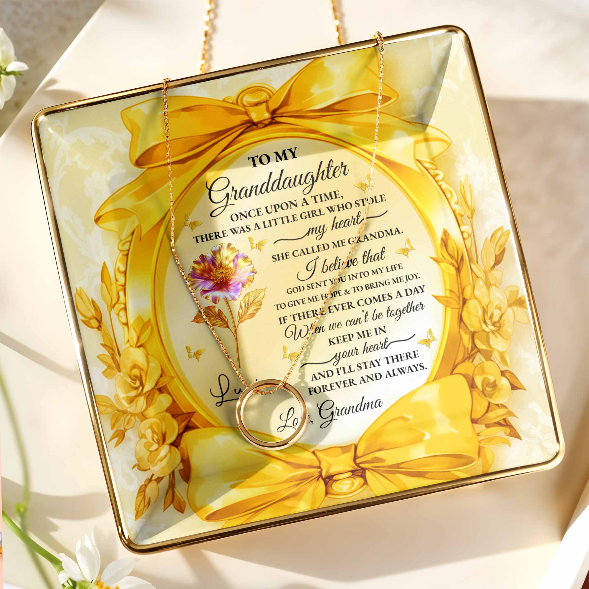 To My Granddaughter, Once Upon A Time, Ribbon and Flowers - Personalized Custom Jewelry Dish, Ceramic Dish, Square Shape - GDT494_SCRF