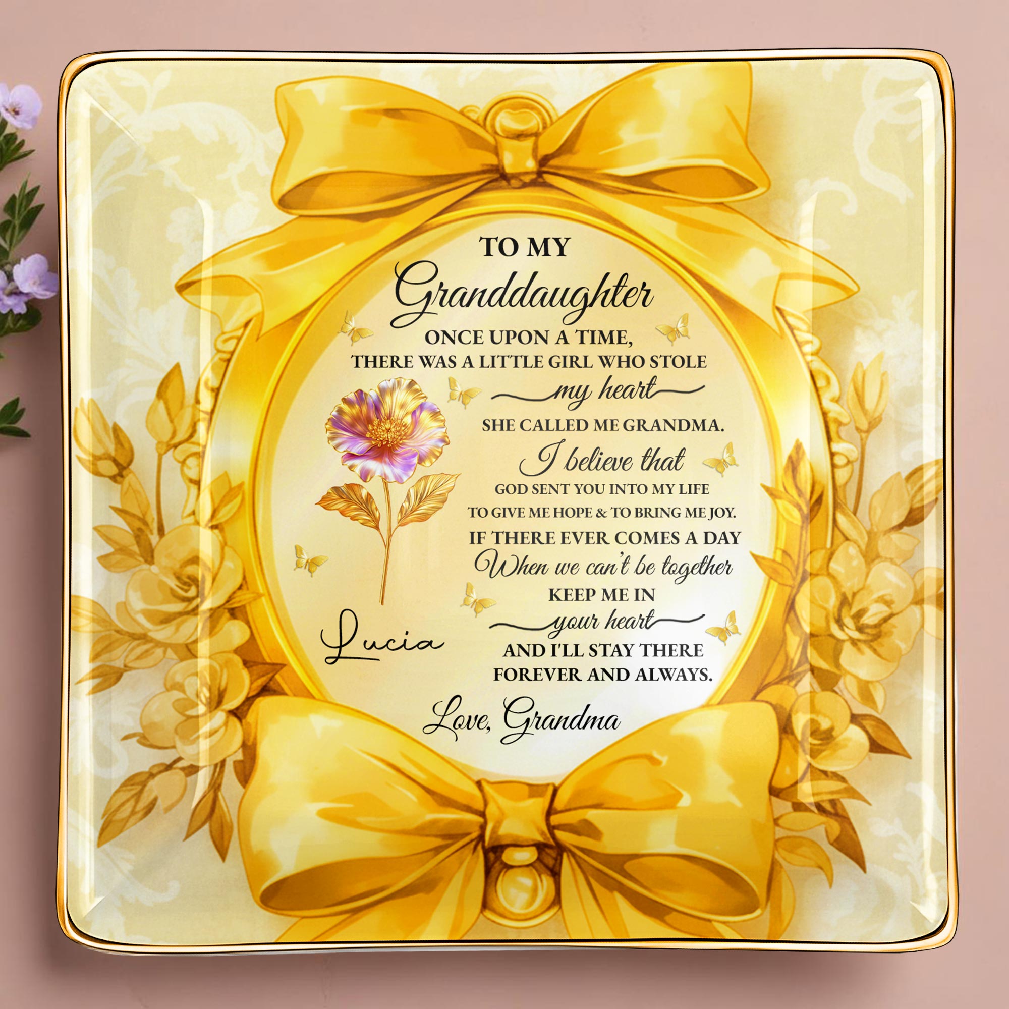 To My Granddaughter, Once Upon A Time, Ribbon and Flowers - Personalized Custom Jewelry Dish, Ceramic Dish, Square Shape - GDT494_SCRF