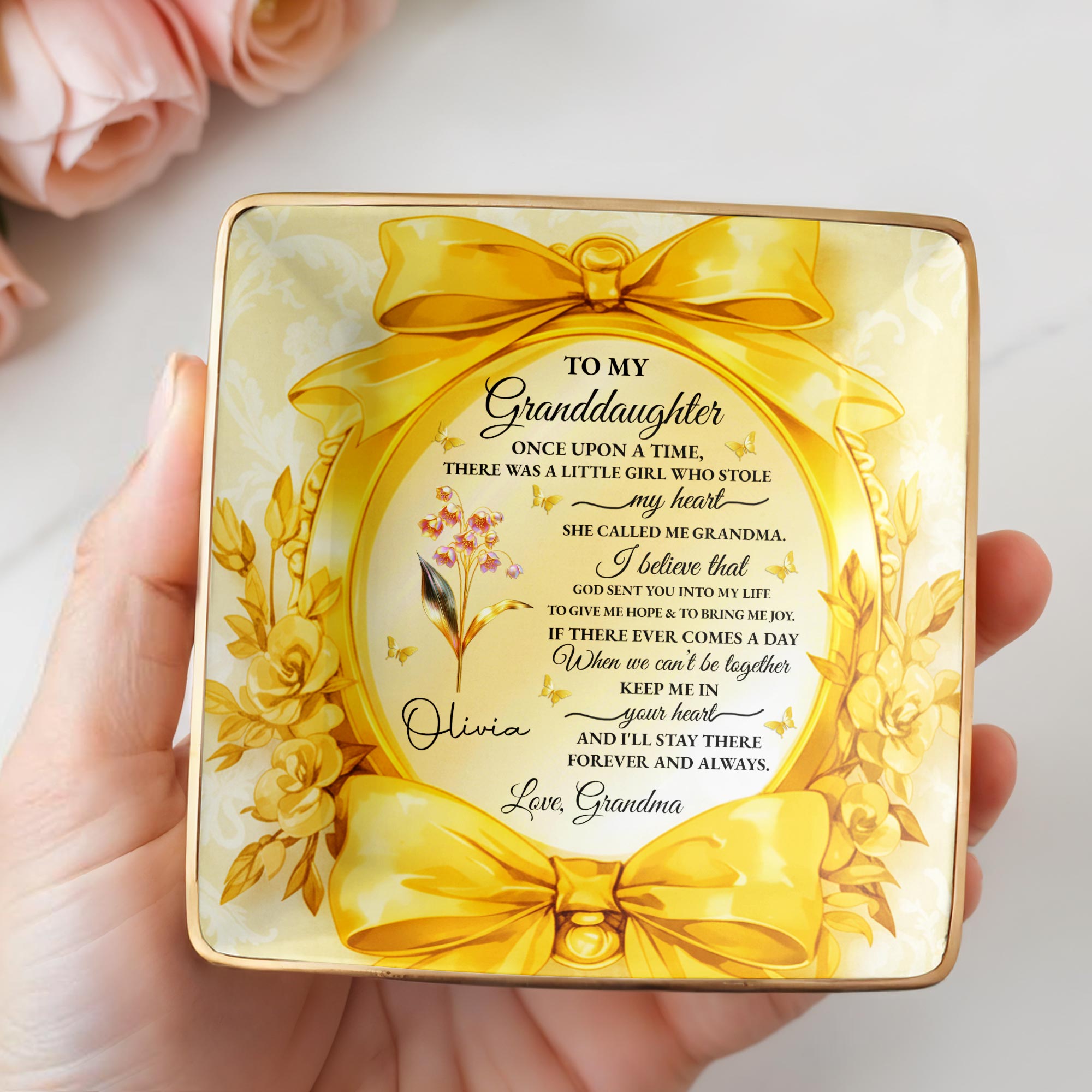 To My Granddaughter, Once Upon A Time, Ribbon and Flowers - Personalized Custom Jewelry Dish, Ceramic Dish, Square Shape - GDT494_SCRF