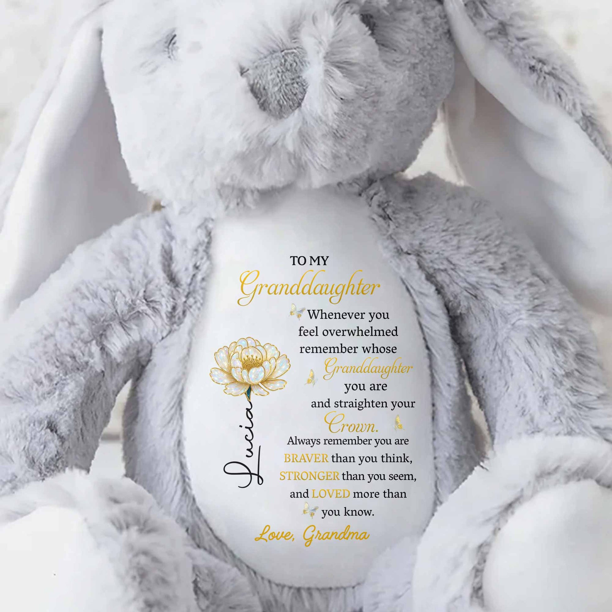 To My Granddaughter, Always Remember You Are Braver Flower - Personalized Stuffed Bunny - GDT497_BUN