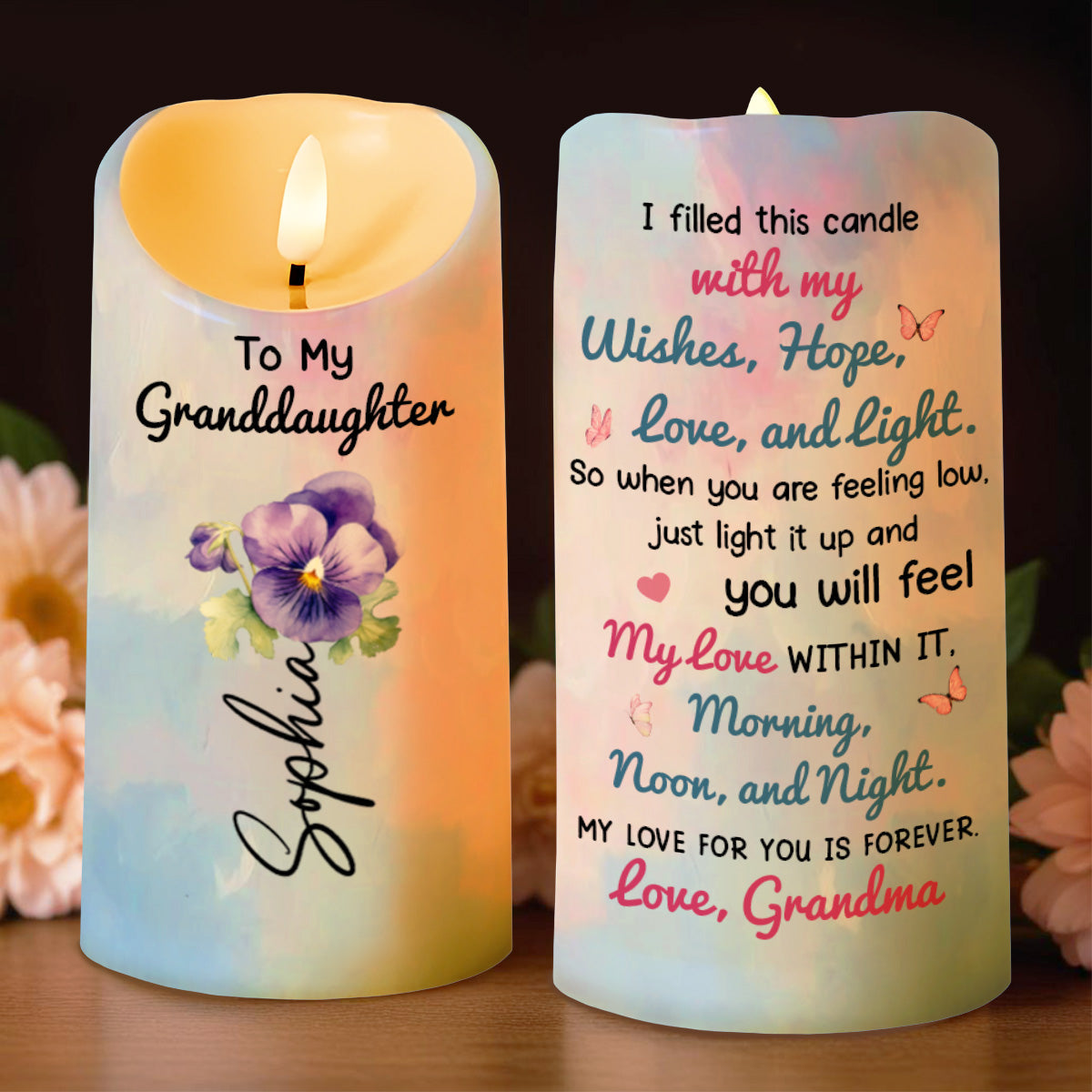 To My Granddaughter, Love And Wishes Butterfly And Flowers - Personalized Custom LED Candle - GDT497_LECA