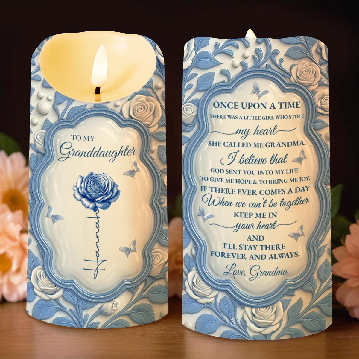 To My Granddaughter, Love From Grandma, Rose And Butterfly - Personalized Custom LED Candle - GDT500_LECA