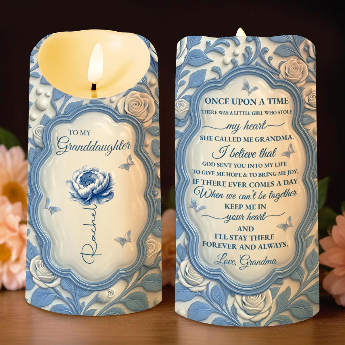 To My Granddaughter, Love From Grandma, Rose And Butterfly - Personalized Custom LED Candle - GDT500_LECA