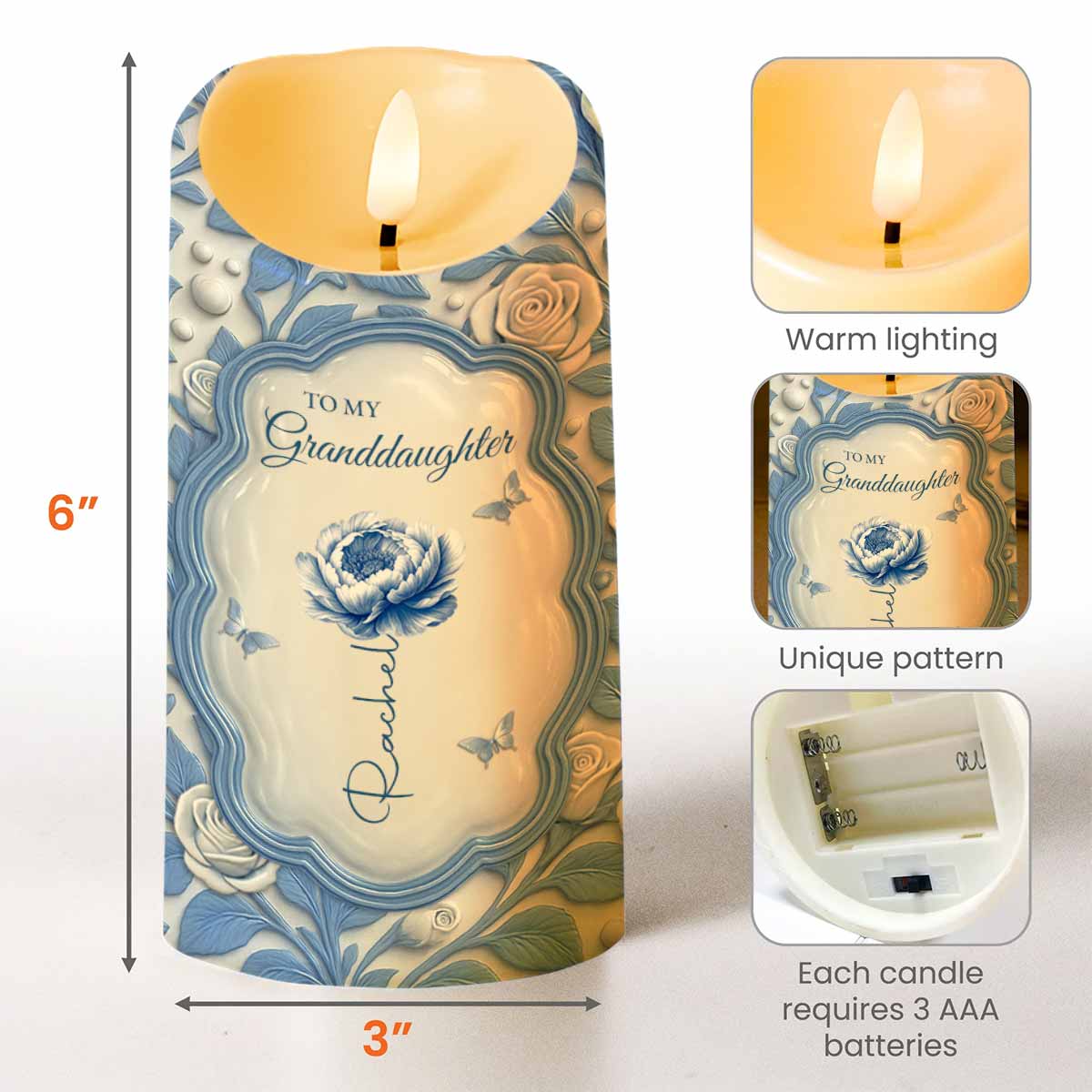 To My Granddaughter, Love From Grandma, Rose And Butterfly - Personalized Custom LED Candle - GDT500_LECA