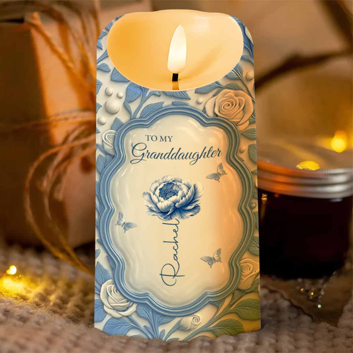 To My Granddaughter, Love From Grandma, Rose And Butterfly - Personalized Custom LED Candle - GDT500_LECA