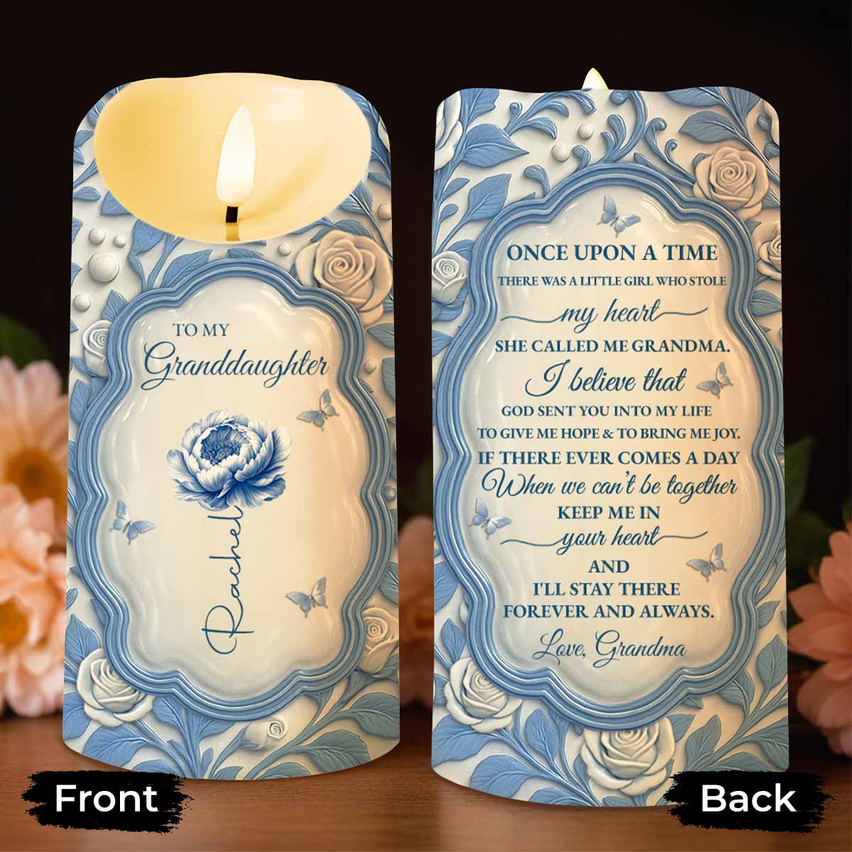 To My Granddaughter, Love From Grandma, Rose And Butterfly - Personalized Custom LED Candle - GDT500_LECA