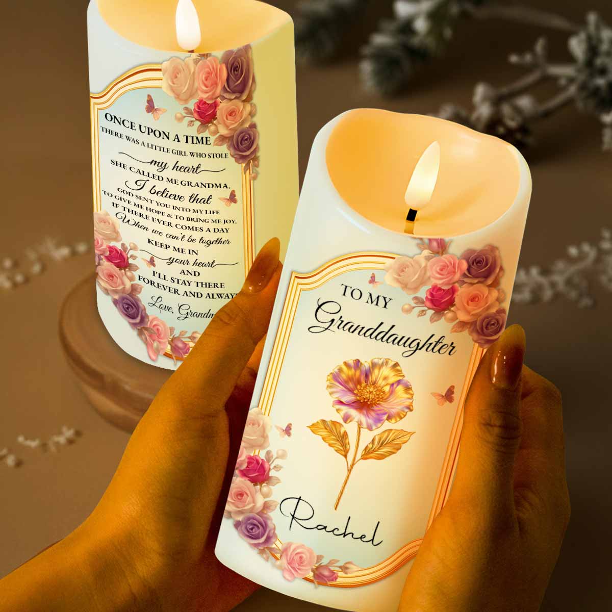 To My Granddaughter, Once Upon A Time, Flowers And Love - Personalized Custom LED Candle - GDT503_LECA