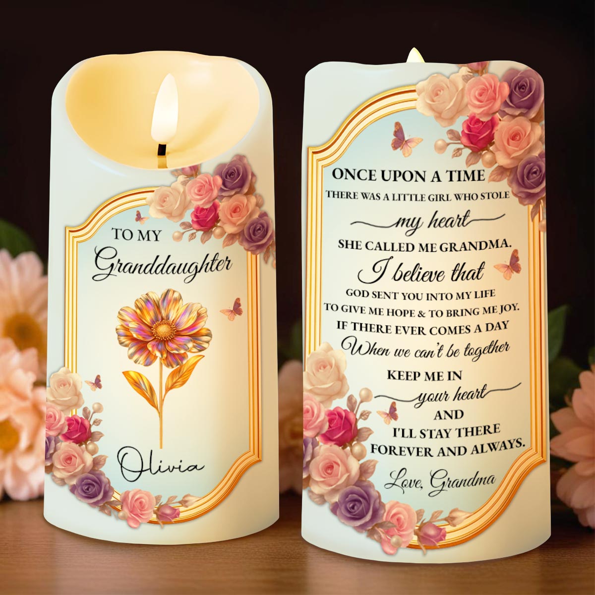 To My Granddaughter, Once Upon A Time, Flowers And Love - Personalized Custom LED Candle - GDT503_LECA