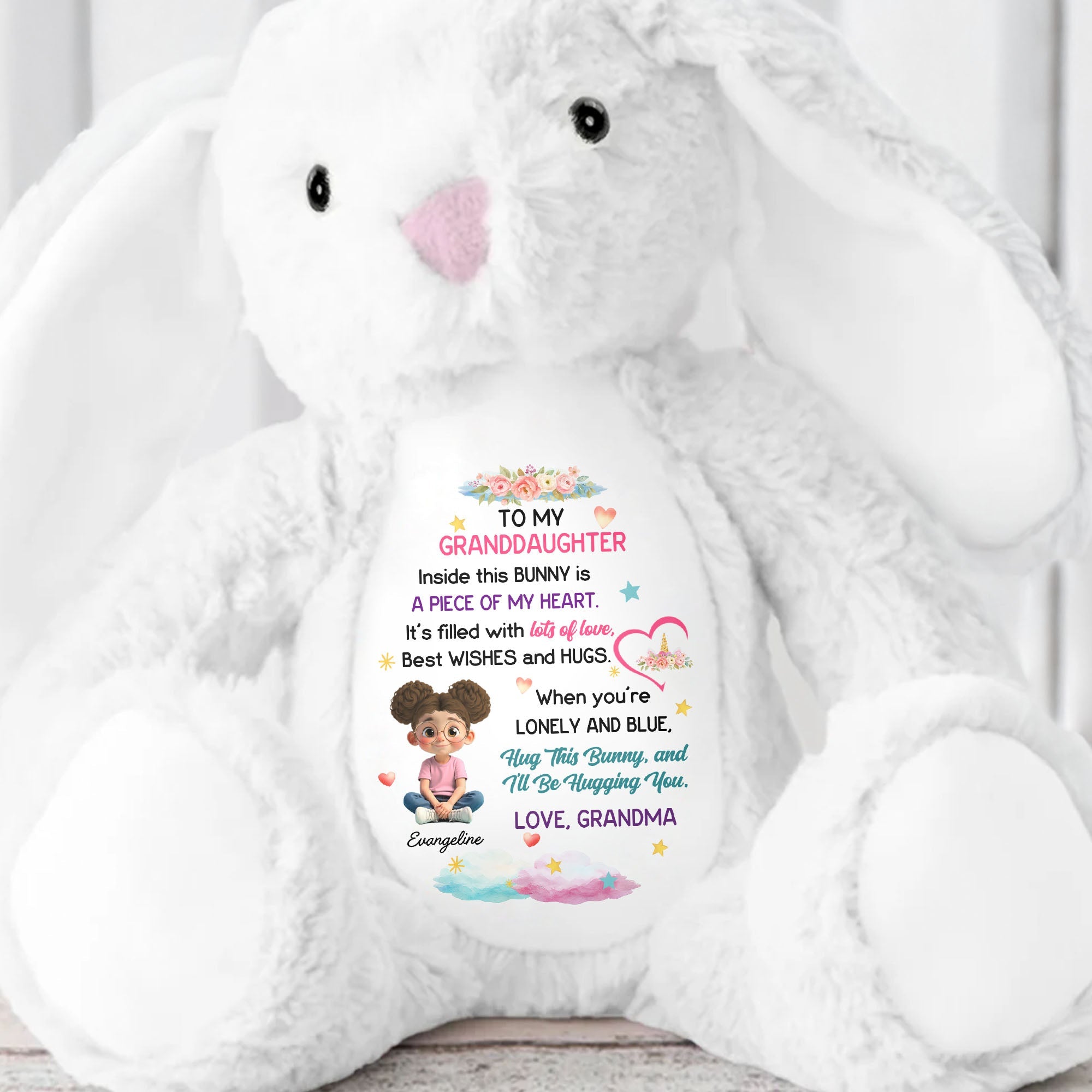 Hug This Bunny And I'll Be Hugging You, Flowers And Hearts - Personalized Stuffed Bunny - GDT504_BUN