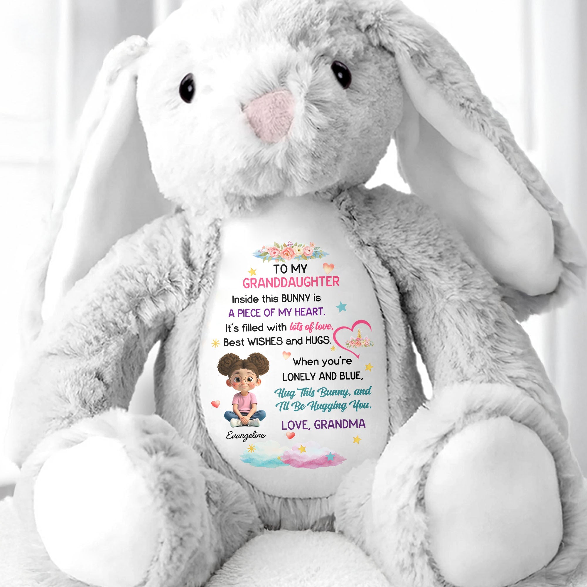Hug This Bunny And I'll Be Hugging You, Flowers And Hearts - Personalized Stuffed Bunny - GDT504_BUN
