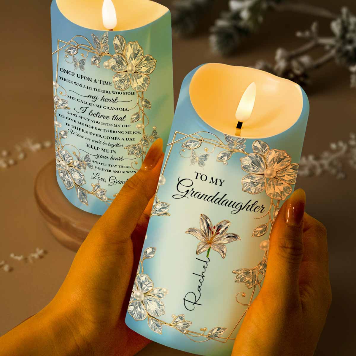 To My Granddaughter, Love From Grandma, Flowers and Pearls - Personalized Custom LED Candle - GDT506_LECA