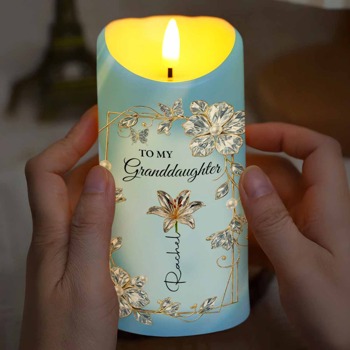 To My Granddaughter, Love From Grandma, Flowers and Pearls - Personalized Custom LED Candle - GDT506_LECA