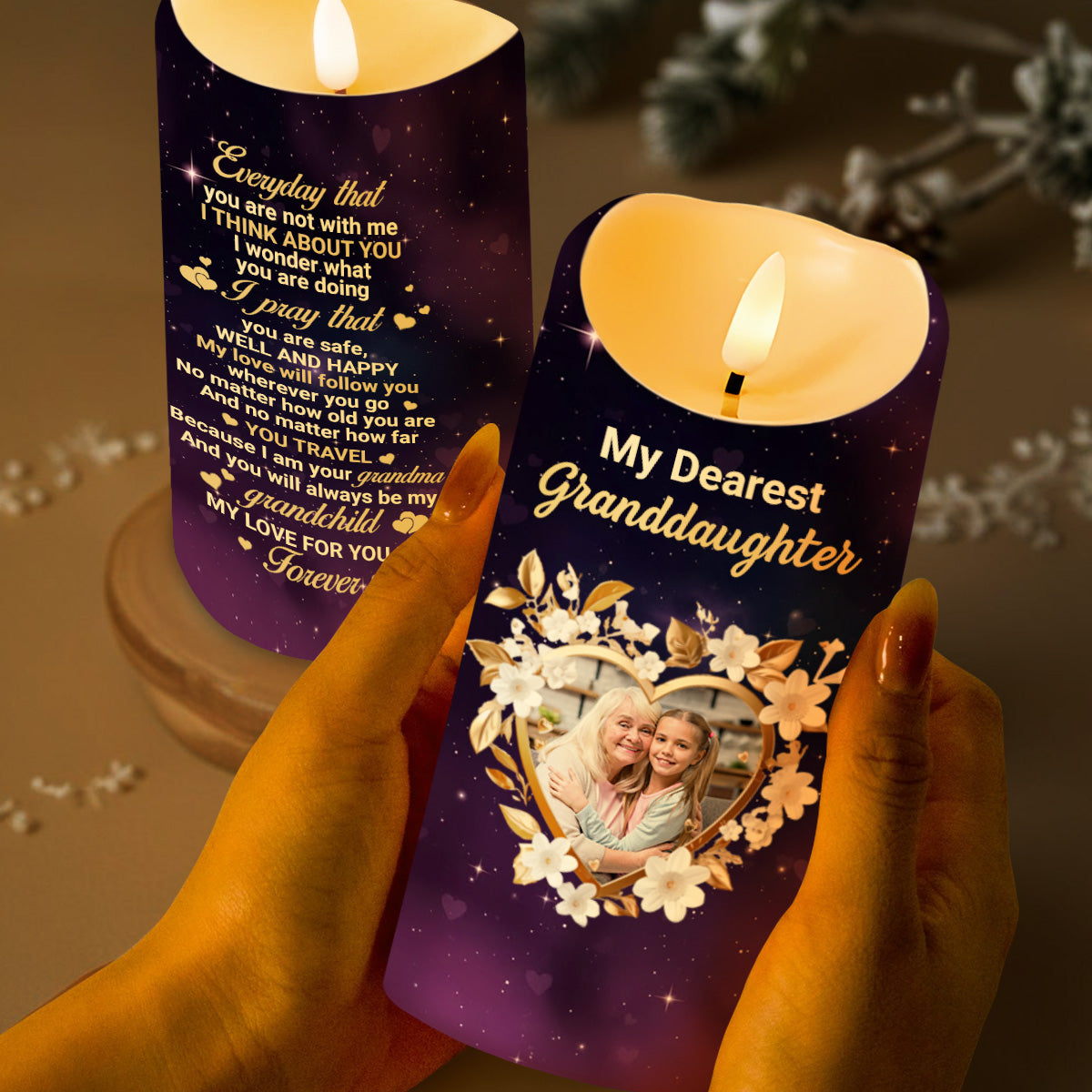 To My Dearest Granddaughter, Love Forever, Flowers and Stars - Personalized Custom LED Candle - GDT508_LECA