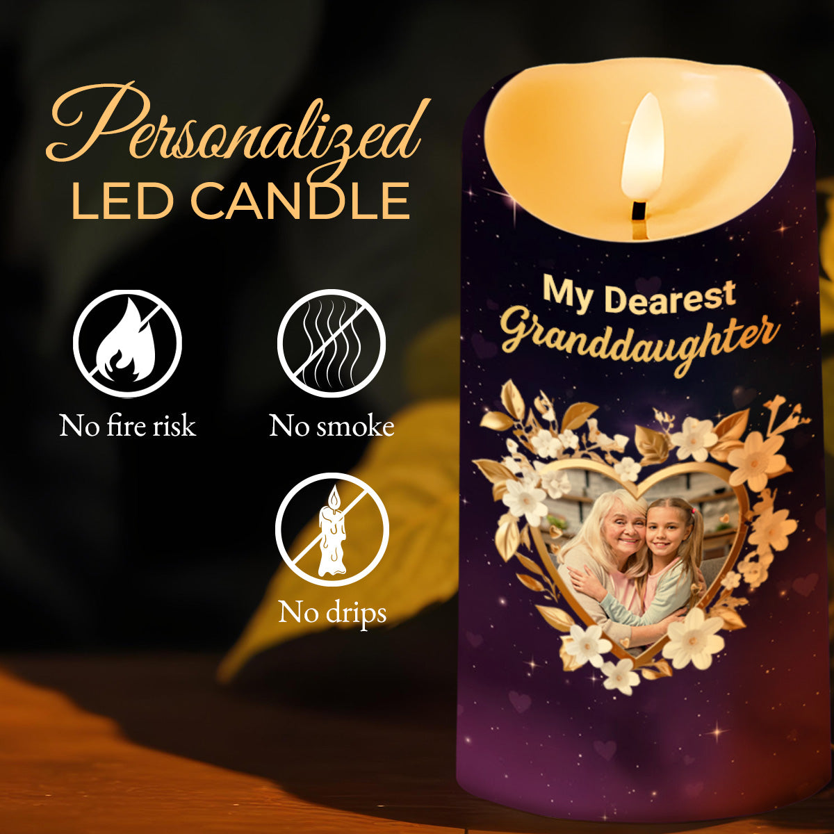 To My Dearest Granddaughter, Love Forever, Flowers and Stars - Personalized Custom LED Candle - GDT508_LECA