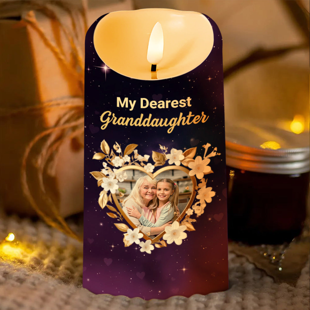 To My Dearest Granddaughter, Love Forever, Flowers and Stars - Personalized Custom LED Candle - GDT508_LECA