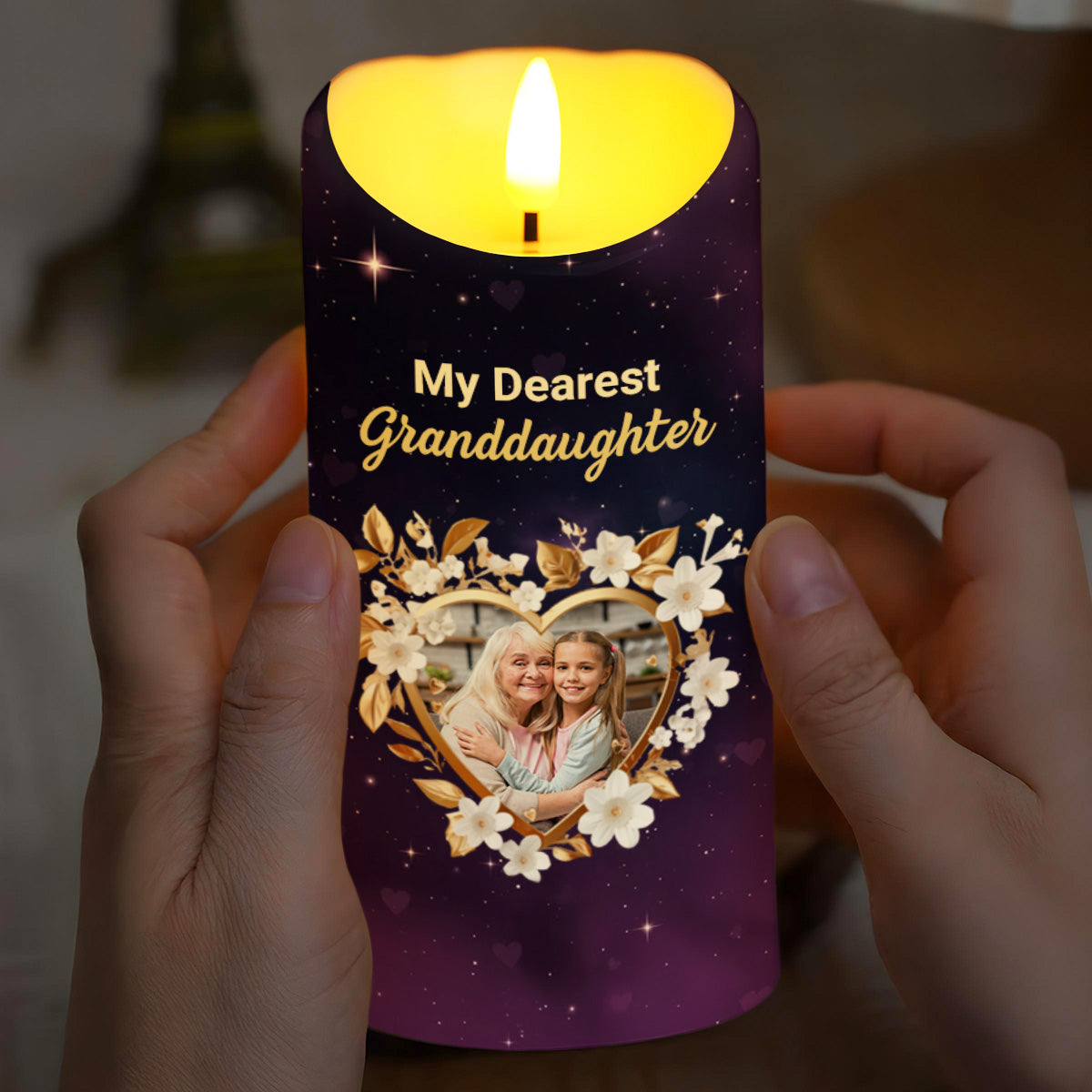 To My Dearest Granddaughter, Love Forever, Flowers and Stars - Personalized Custom LED Candle - GDT508_LECA