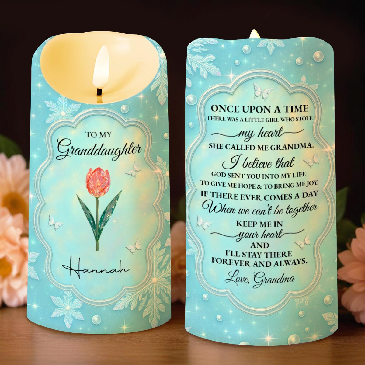 To My Granddaughter, Flowers And Butterflies - Personalized Custom LED Candle - GDT510_LECA